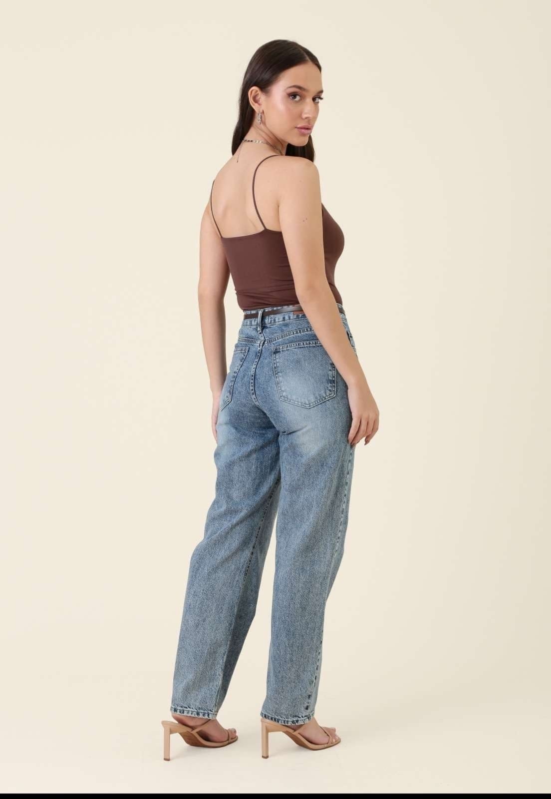 Vista 2 Calça Pop Me Jeans Mom Com Cinto Médio Pop Me azul