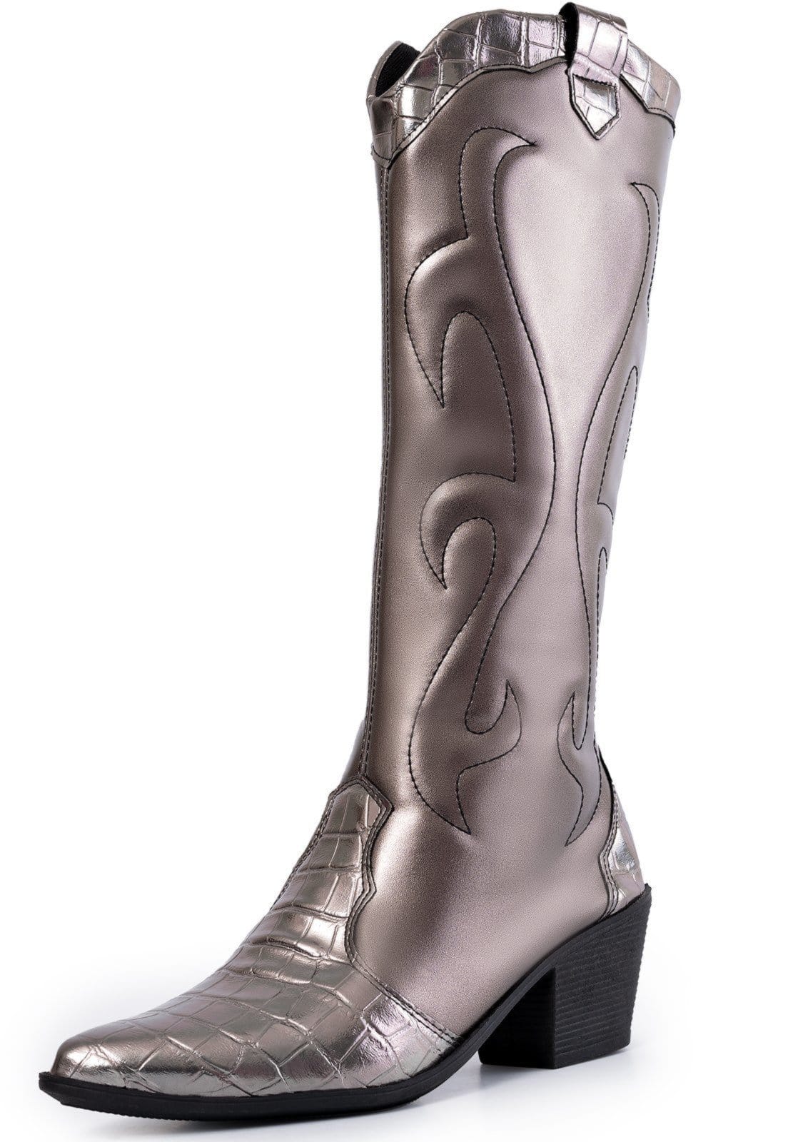 Bota Feminina Western Lumiss Texana Bico Fino Salto Grosso Confortável Country Prata