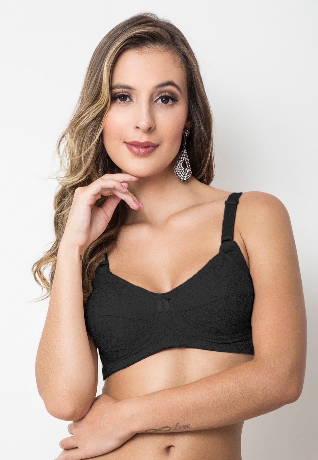 Vista principal Sutiã Reforçado Gabi Lingerie Plus Size Sem Bojo Renda Sustentação Gabi Lingerie preto