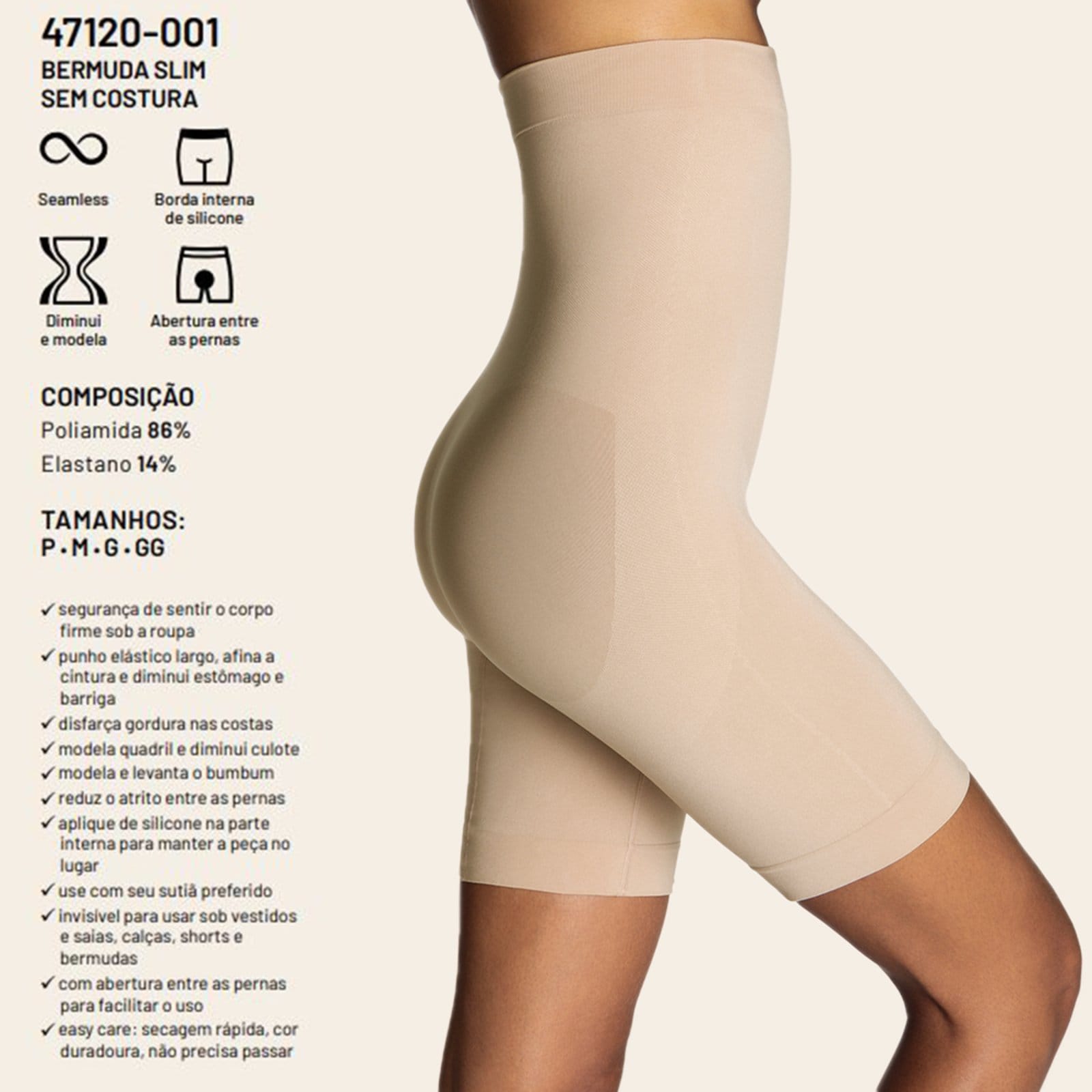 Vista 2 Bermuda Loba Modeladora Slim Sem Costura 47120 Natural Peach Lupo bege natural