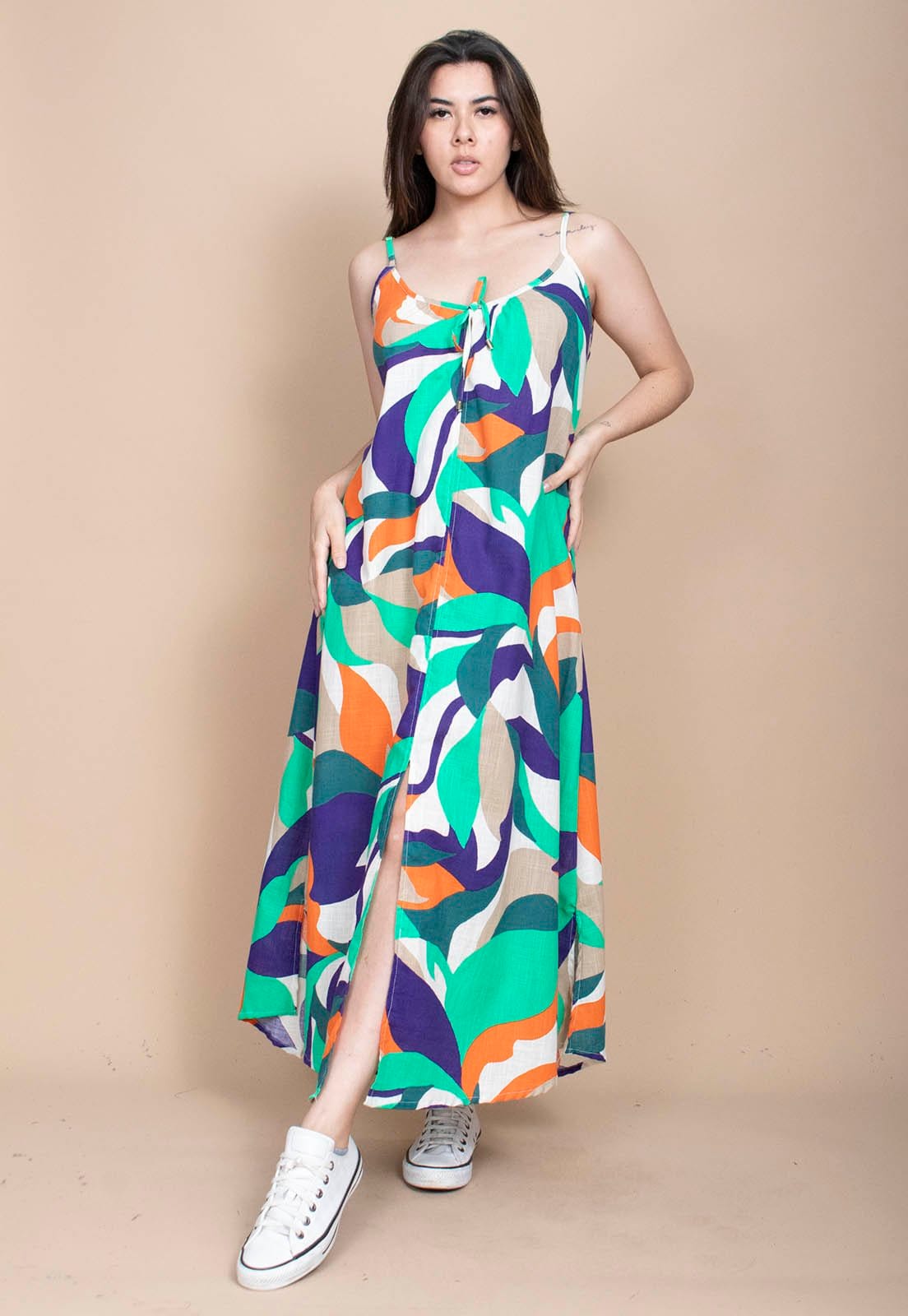 Vestido Longo Cabanafree Caçuá Viscose Alça Fina Estampa Brisa do Mar