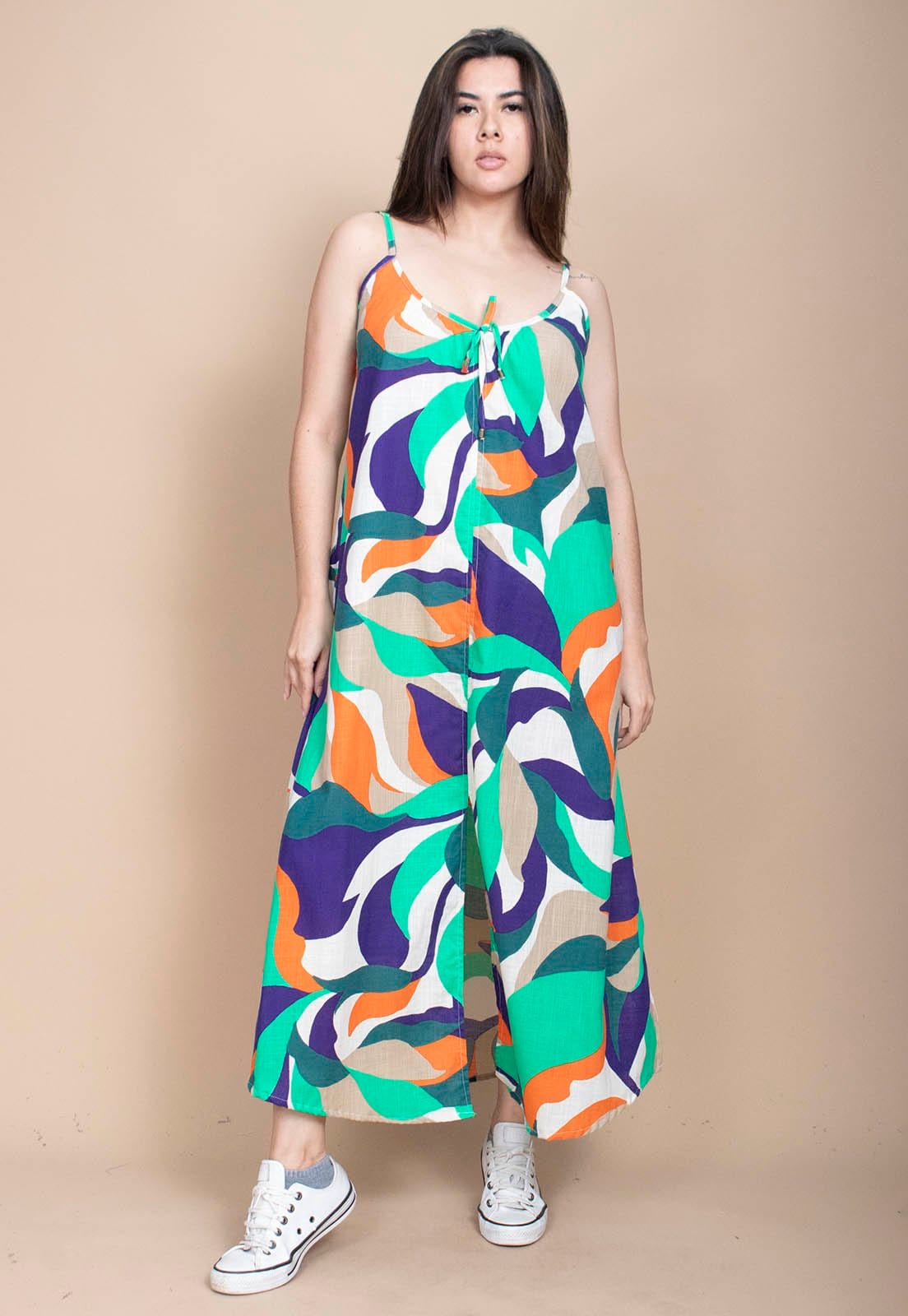 Vista 2 Vestido Longo Cabanafree Caçuá Viscose Alça Fina Estampa Brisa do Mar Cabanafree estampado/laranja/roxo