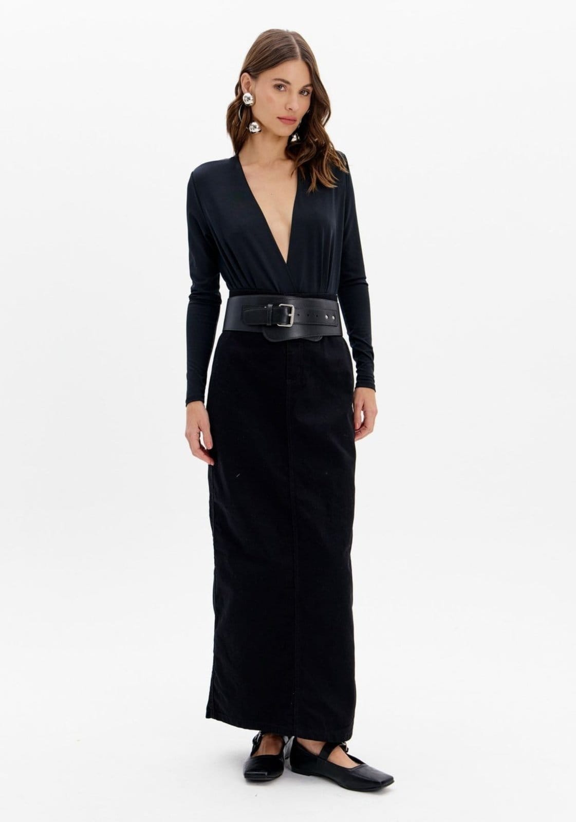 Saia Sarja Super Midi Cintura Alta com Cinto