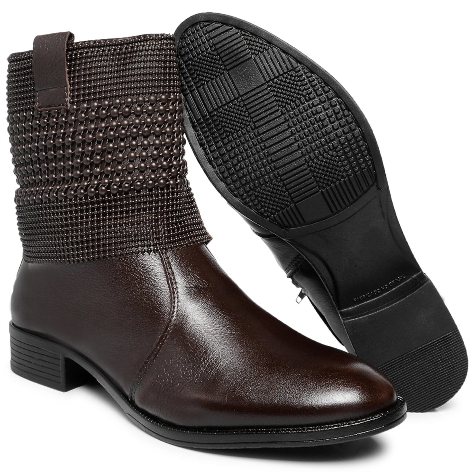 Vista 2 Bota Feminina Couro Malha Metal Bico Redondo Cano Curto Salto Baixo Marrom Ferrile café
