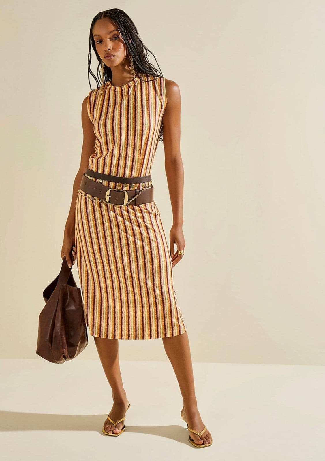 Vestido Morena Rosa Solto Decote Careca Sem Manga Midi Laranja