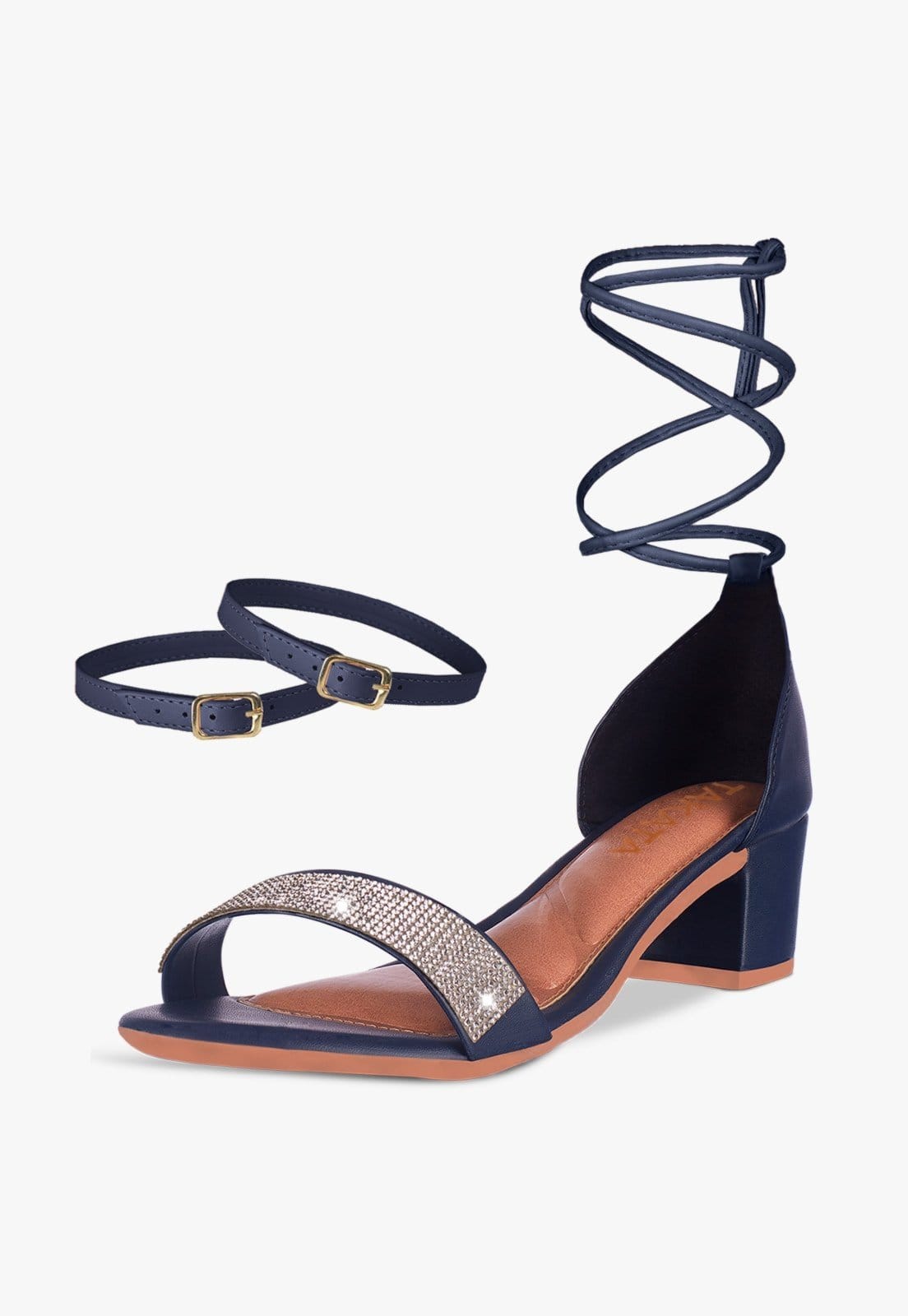 Sandália Feminina Tira Salto Quadrado Bloco Baixo Manta Strass Marinho