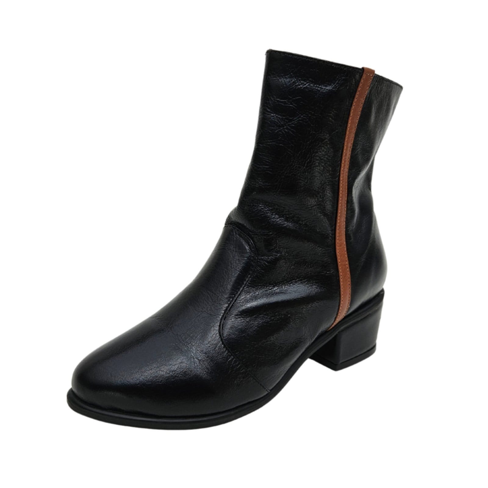 Bota Salto Bloco em Couro Ava Preta com Amêndoa