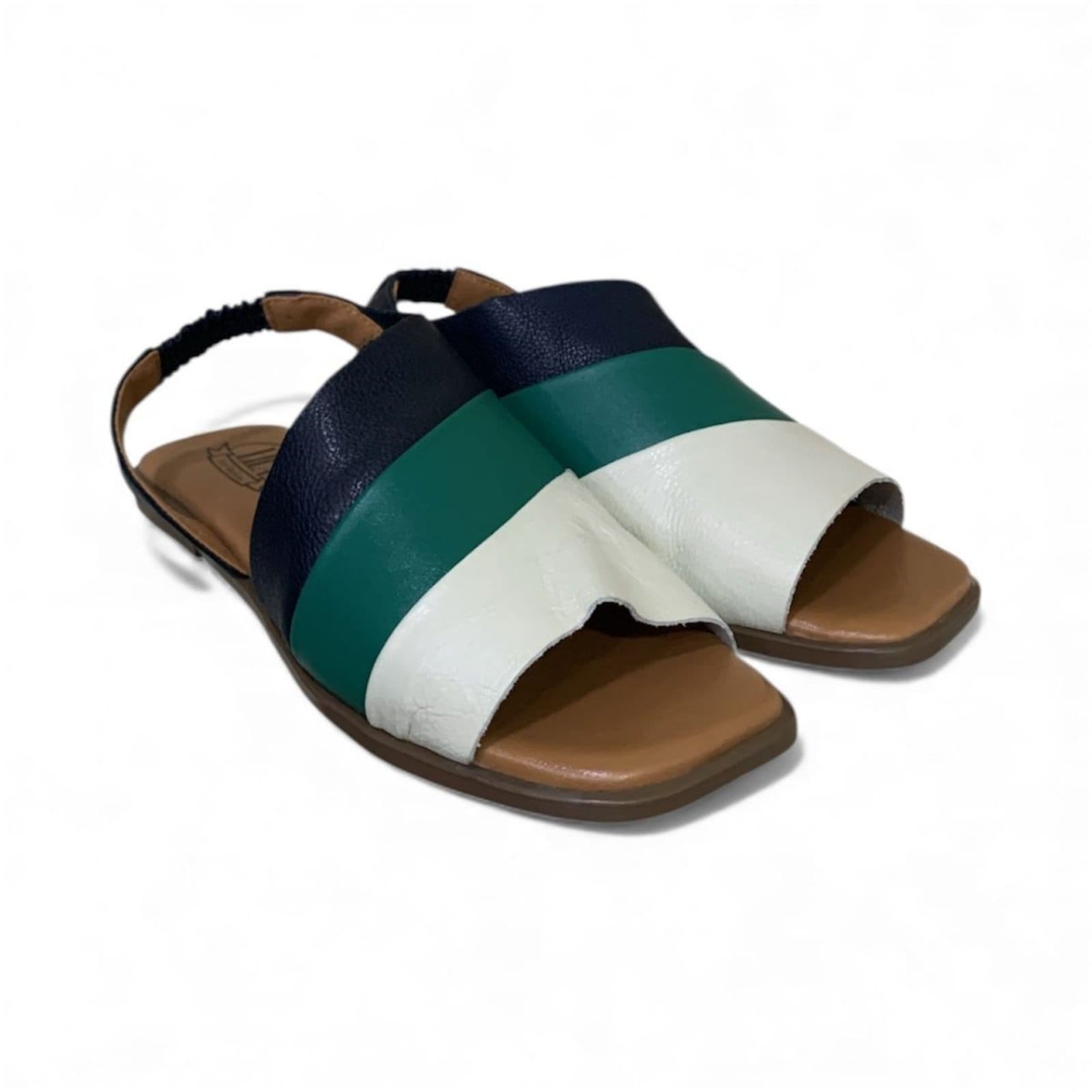 Vista 2 Sandália Feminina em Couro Flat Rasteira Piazza PZ002 Marinho, Verde e Off White Balatore Shoes azul marinho/off-white/verde verde