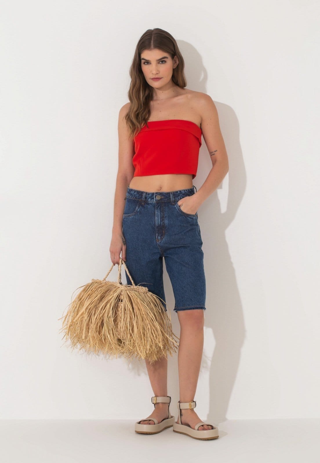 Vista 2 Bermuda Traymon Jeans Cintura Alta 48 Traymon azul