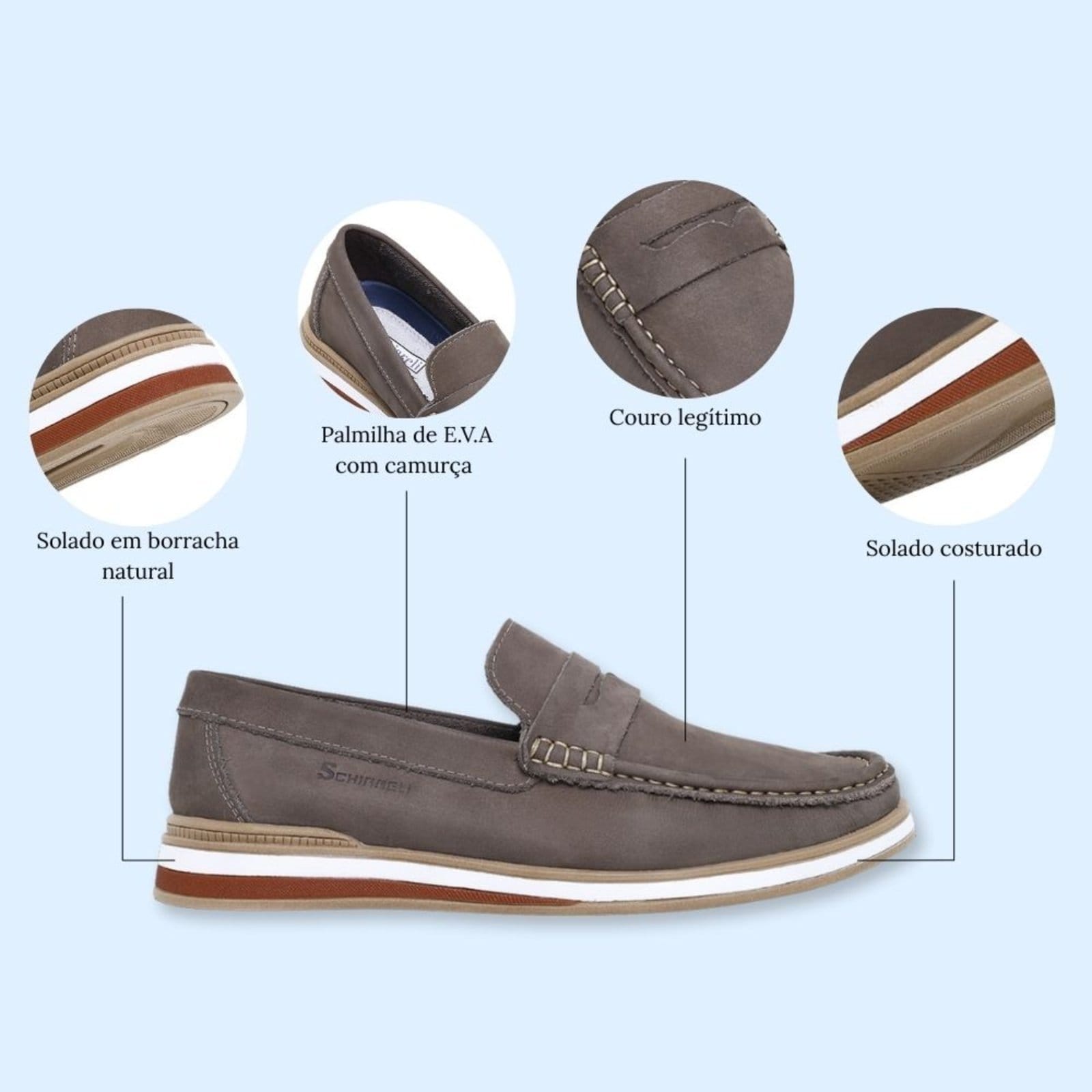 Vista 2 Mocassim Masculino De Couro Dockside Macio Moderno Casual Schiareli 2024 Schiareli cinza