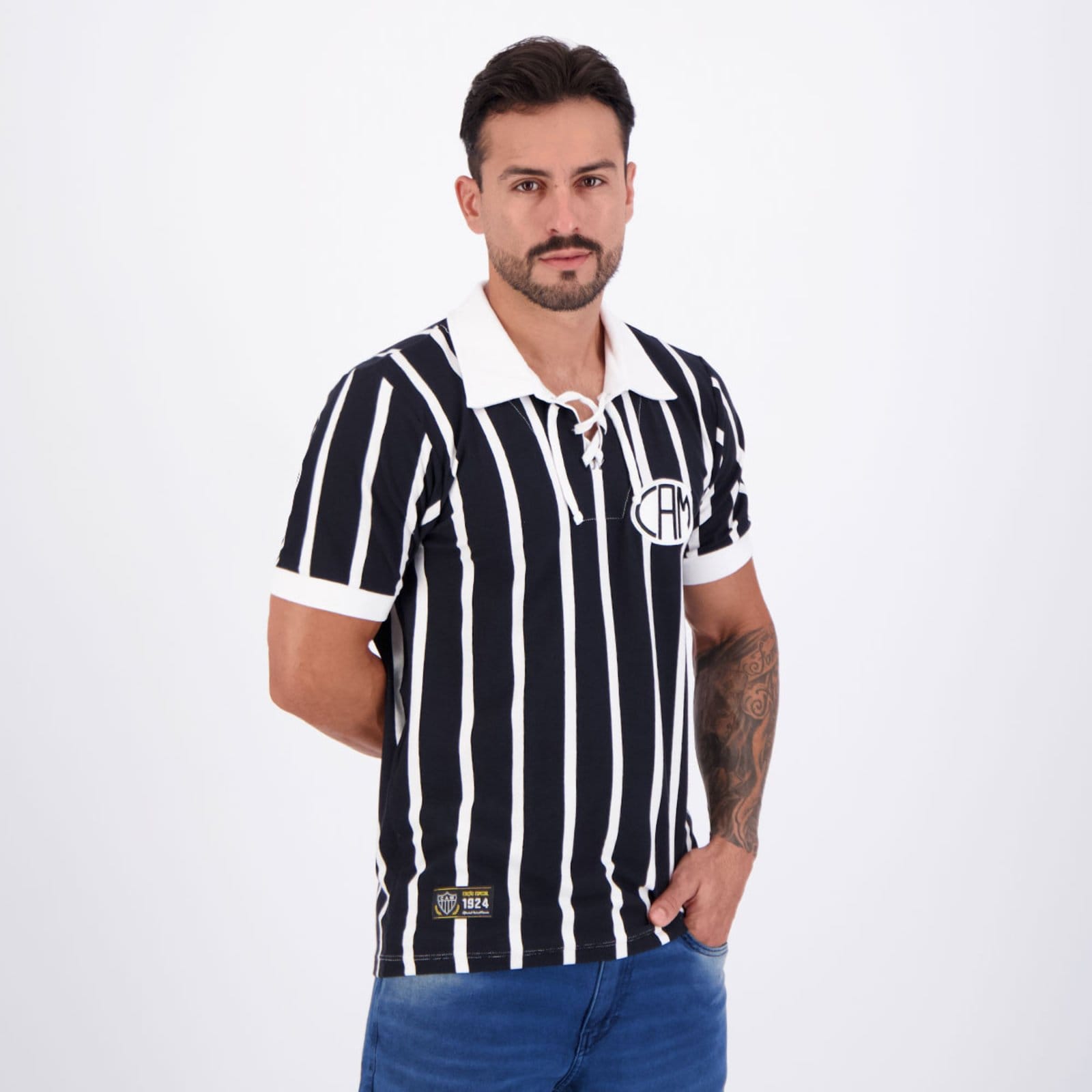 Vista 2 Camisa Atlético Mineiro Retrô 1924 Cordinha Retrômania preto
