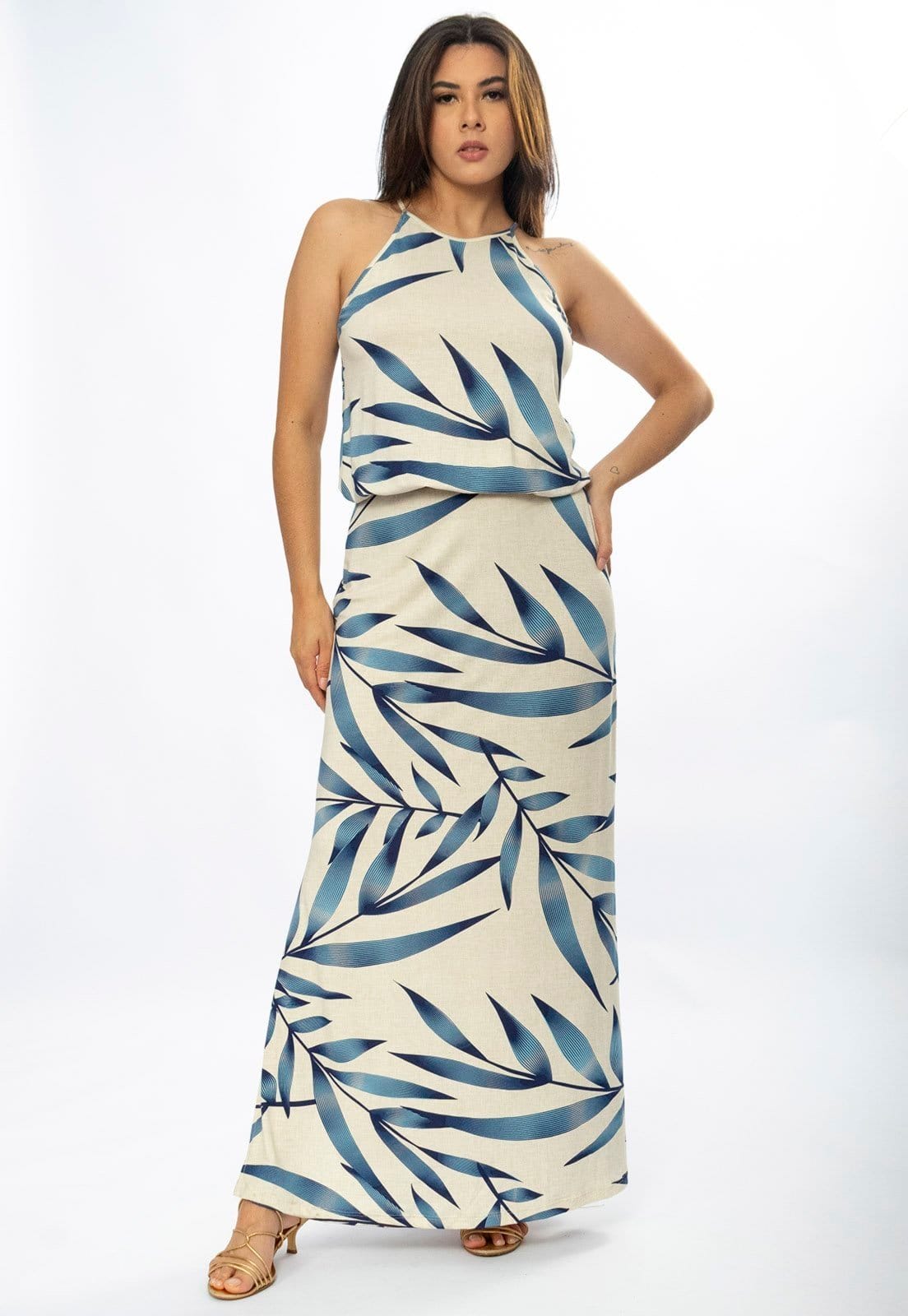 Vestido Longo Amazônia Vital Malha Trapézio com Elástico na Cintura Estampa Bambu Azul
