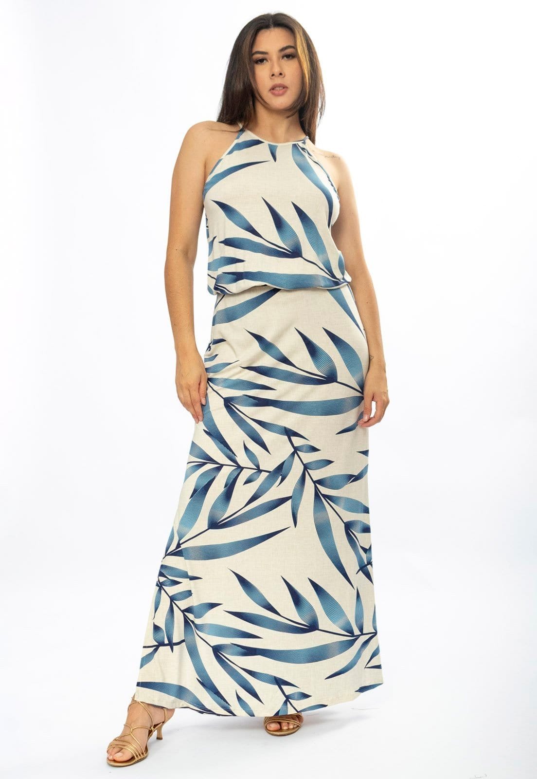 Vista 2 Vestido Longo Amazônia Vital Malha Trapézio com Elástico na Cintura Estampa Bambu Azul Amazonia Vital bege azul