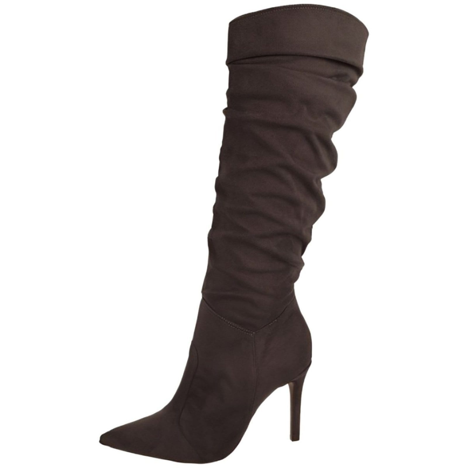 Vista 2 Bota Feminina Bico Fino Salto Fino Cano Médio Camurça cê BEBECÊ marrom