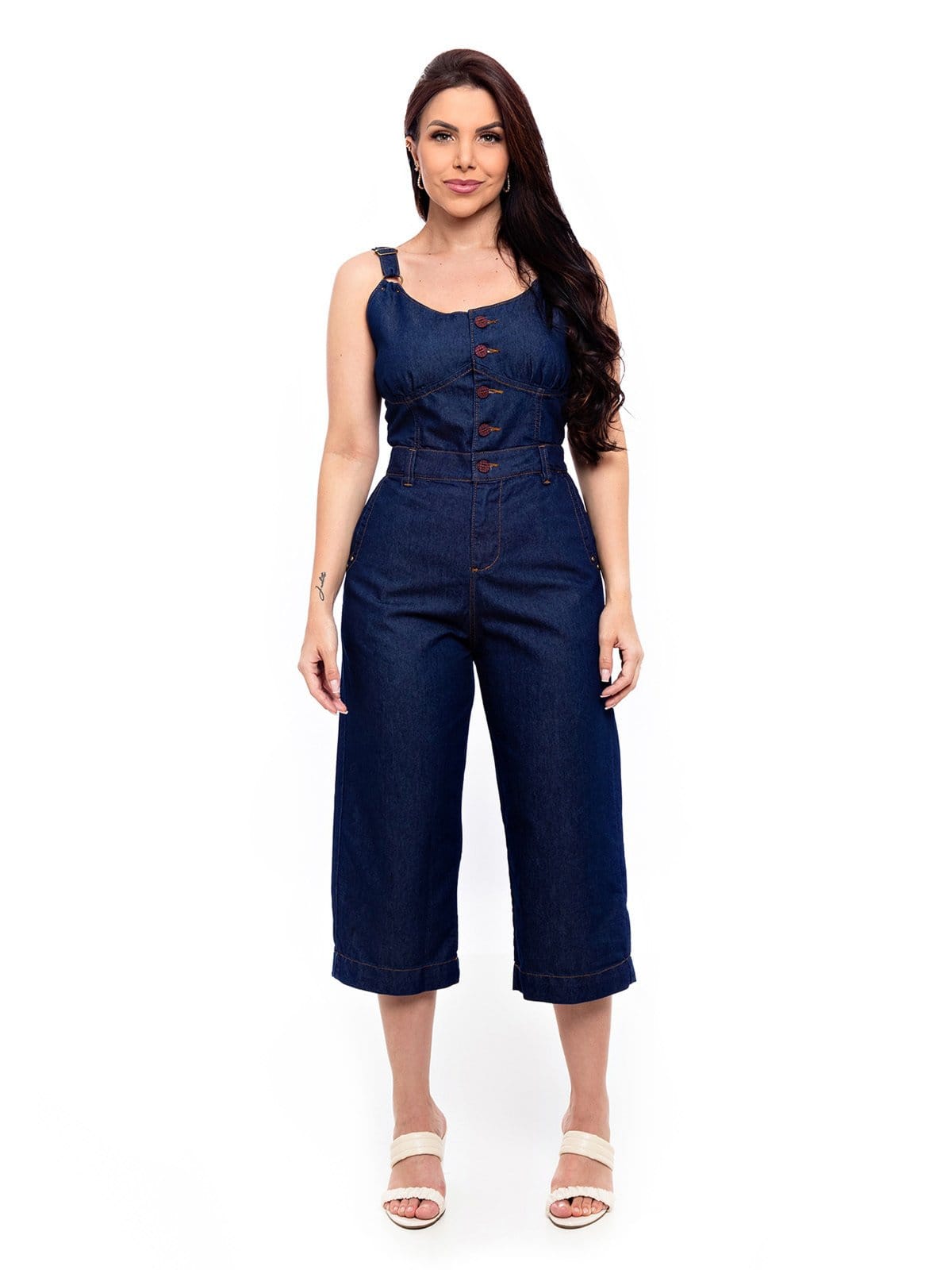 Vista 2 Macacão Pantacourt Restrito Jeans Com Botões ESCURO Restrito Jeans azul