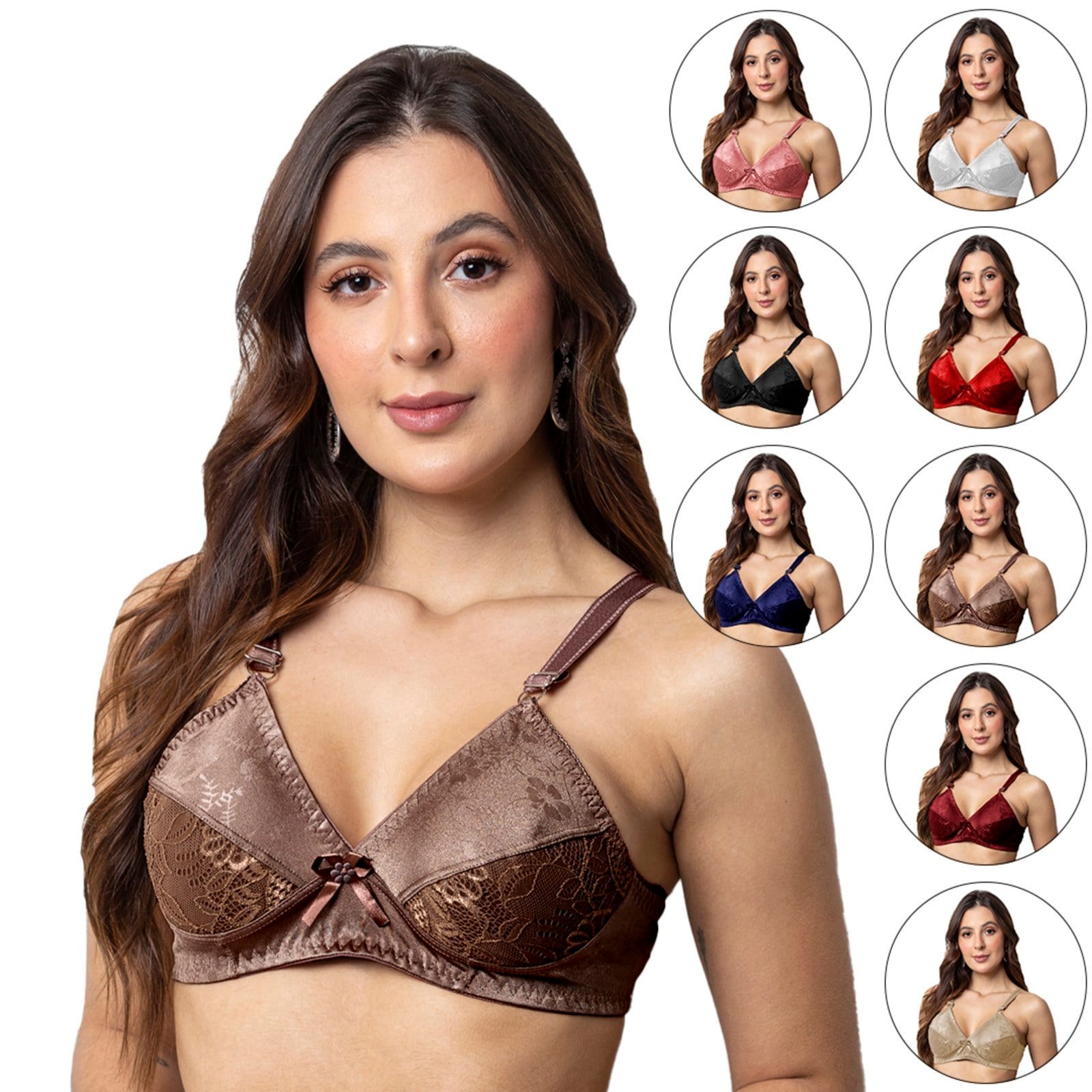 Vista principal Kit 5 Soutiens Gabi Lingerie Sem Bojo Moda Elegante Confortável Soutien Básico Detalhado Renda Feminino Gabi Lingerie multicolorido