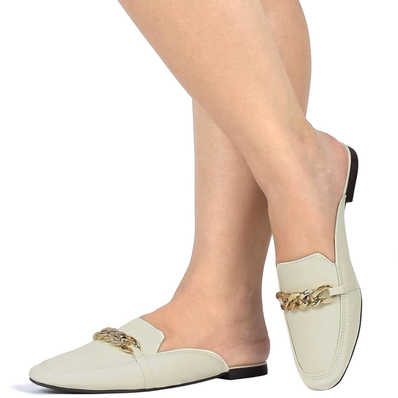 Vista 2 Mule Sapatilha Feminina Bico Quadrado Flat Macio Via Angel 44.03 Off-White VIA ANGEL off-white white