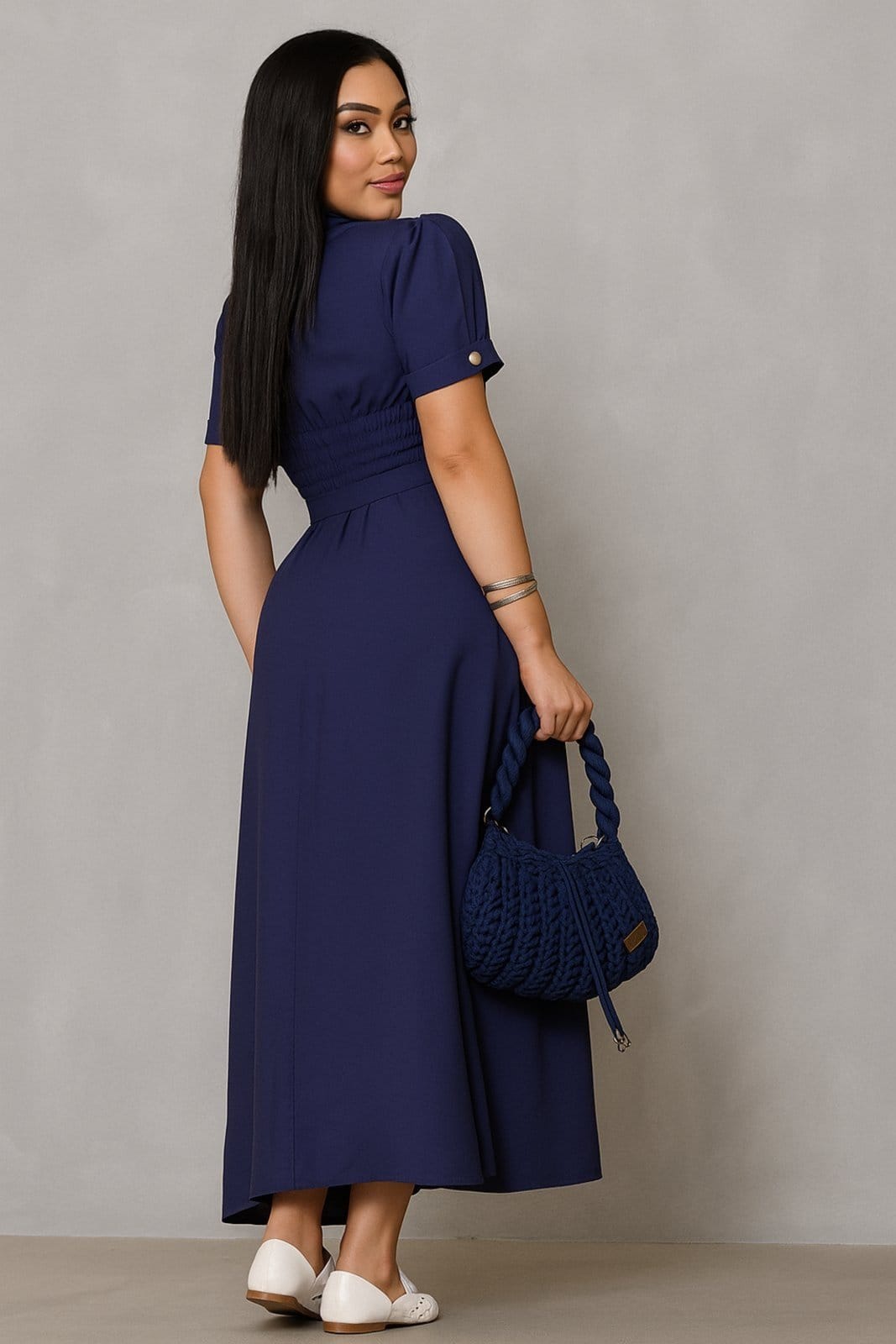 Vista 2 Vestido Longo D Bell Outlet Fashion Bolso Cinto Forrado D BELL OUTLET FASHION azul