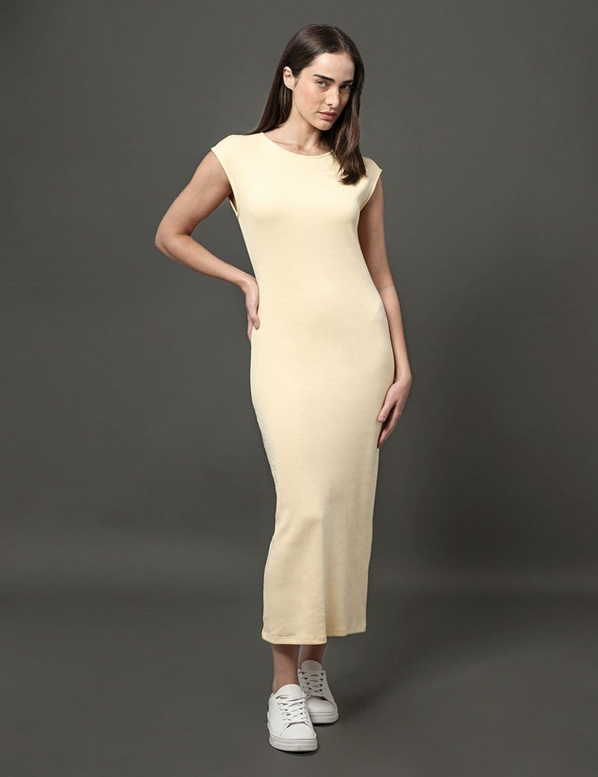 Vestido Feminino Midi Ribana Tricot Calvin Klein Jeans Manteiga