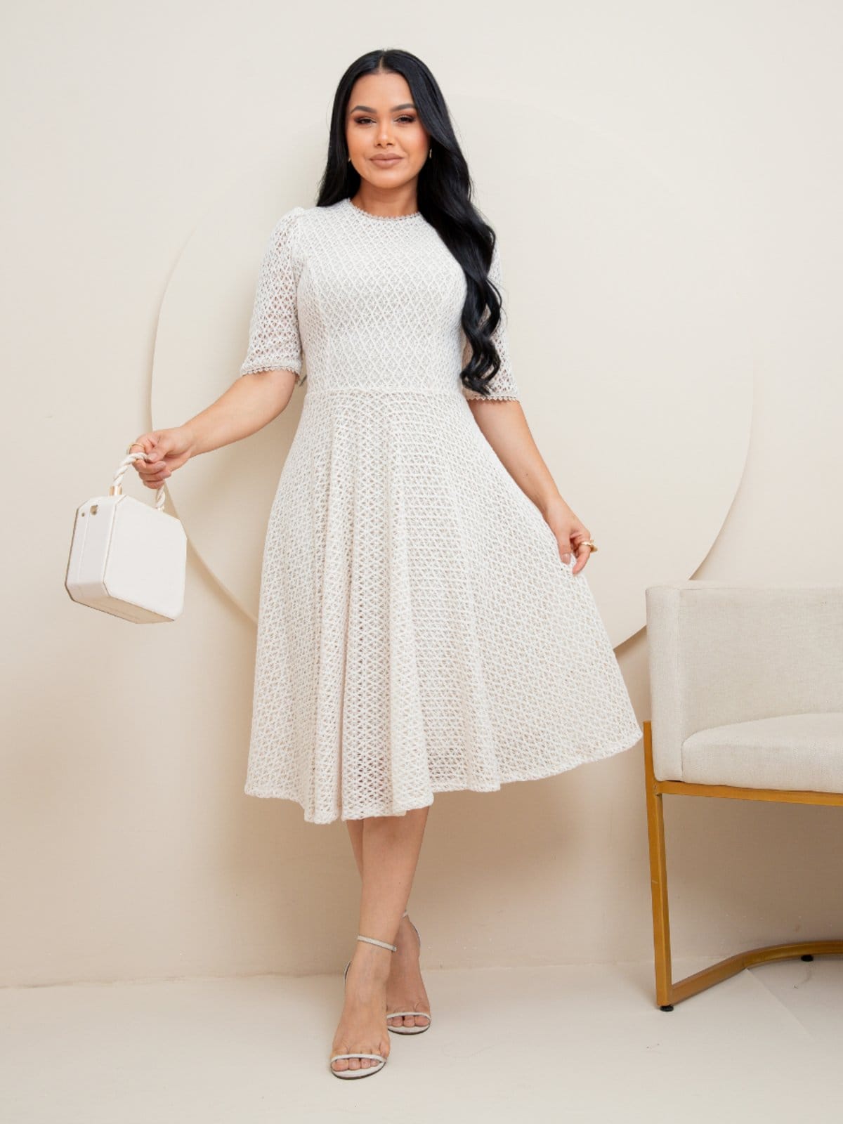 Vestido Midi de Festa Casamento Civil Noiva Formatura Godê Evangélico Gola Alta