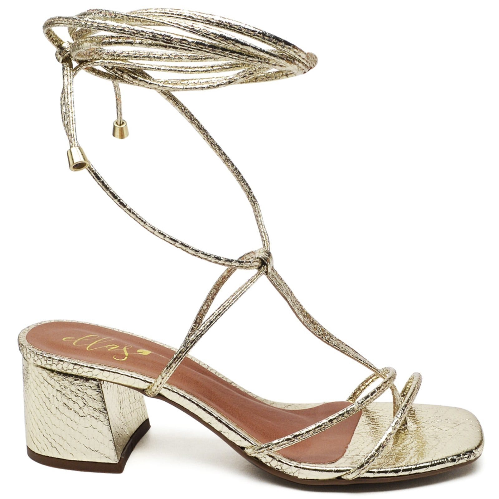 Vista 2 Sandália Bico Quadrado Salto Bloco Médio Cristal Ouro Light Ella's ZAFREM dourado