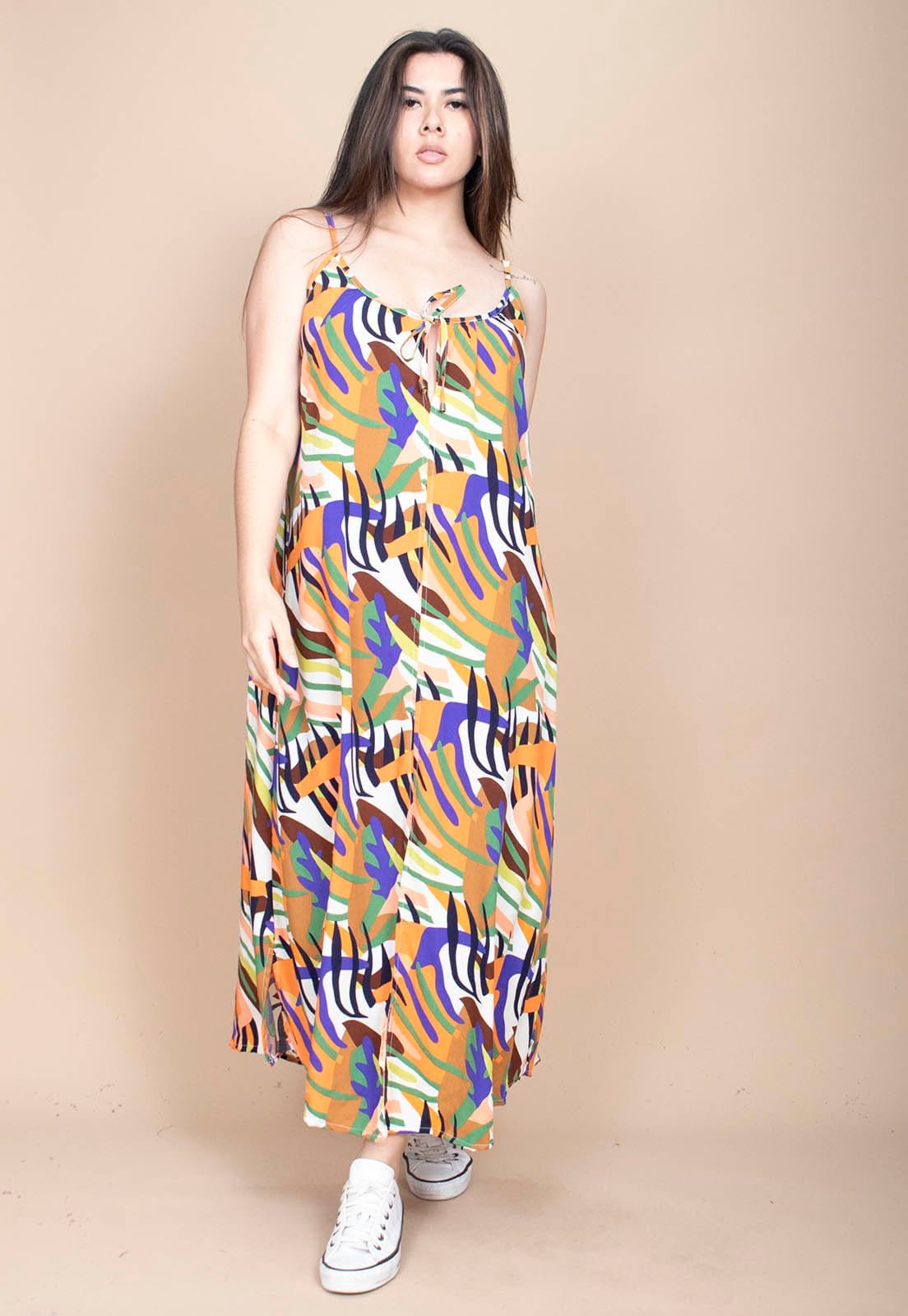 Vestido Longo Cabanafree Caçuá Viscose Alça Fina Estampa Cores Vibrantes