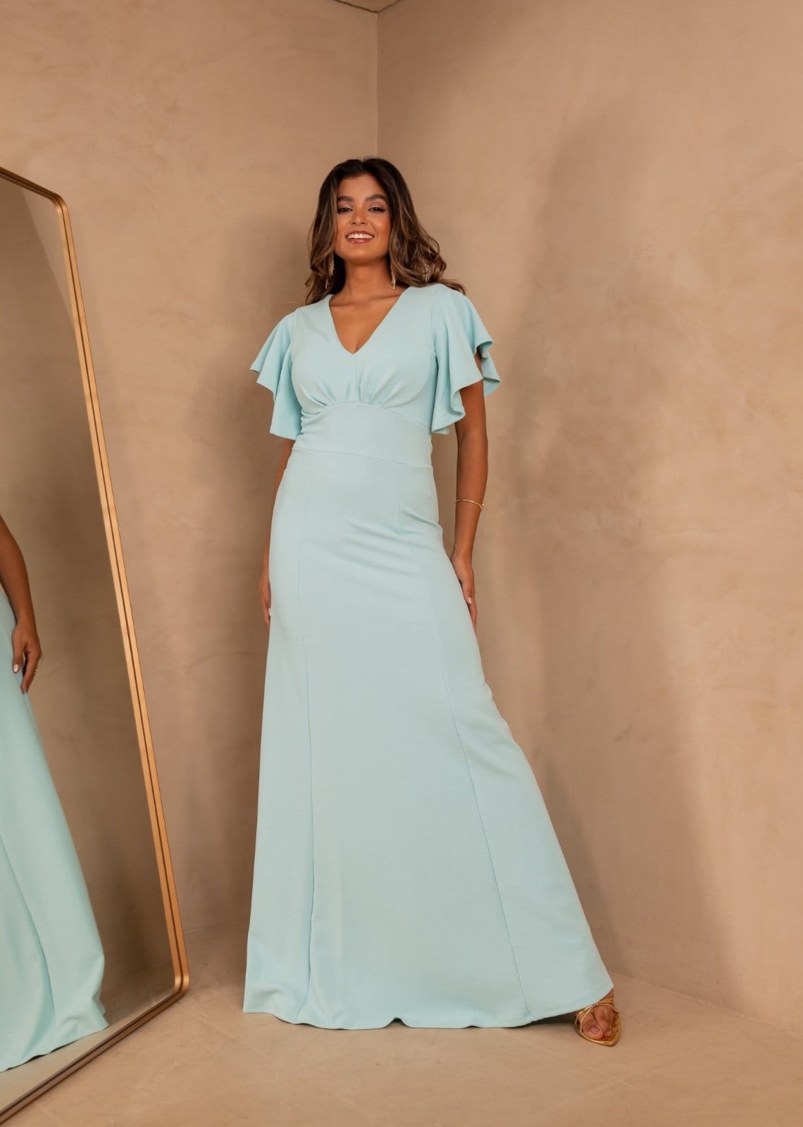 Vista 2 Vestido Longo de Festa Decote em V Crepe Tila Cia Do Vestido Serenity Cia do Vestido azul