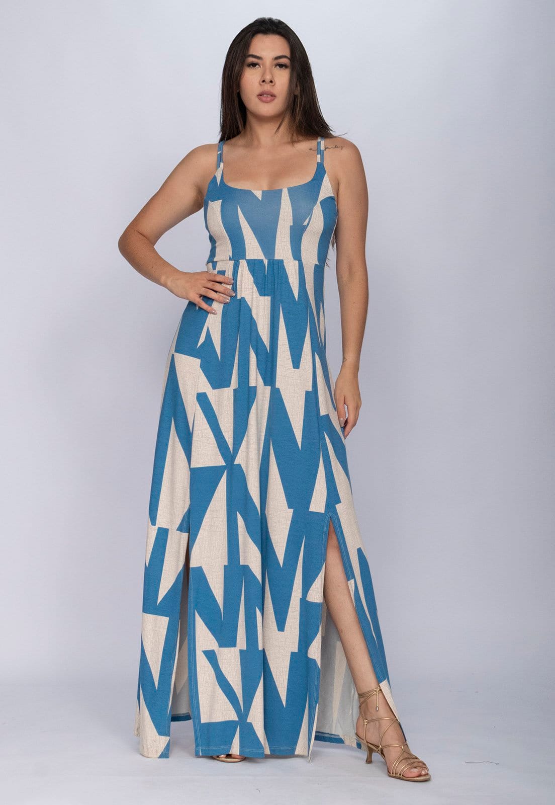 Vista 2 Vestido CabanaFree Longo Jambo Malha Aberturas Geométrico Cabanafree azul/estampado azul