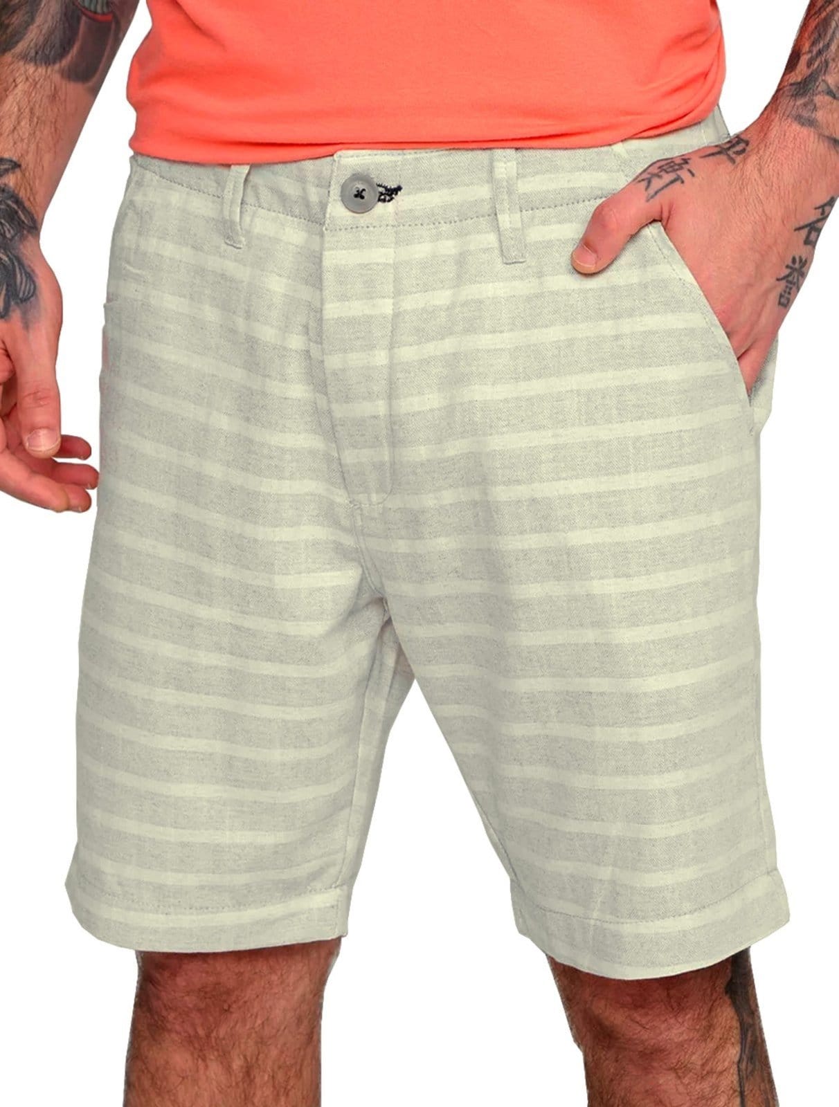 Bermuda Calvin Klein Jeans Masculina Linen Striped Cadarço Areia