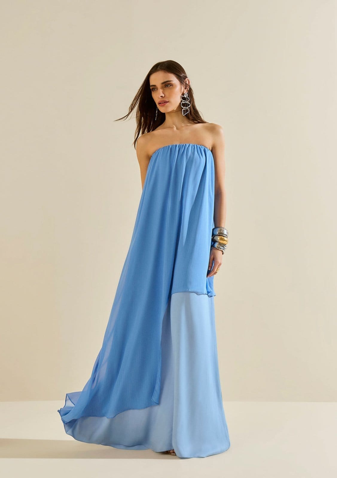 Vestido Morena Rosa Solto Decote Reto Sem Manga Longo Azul