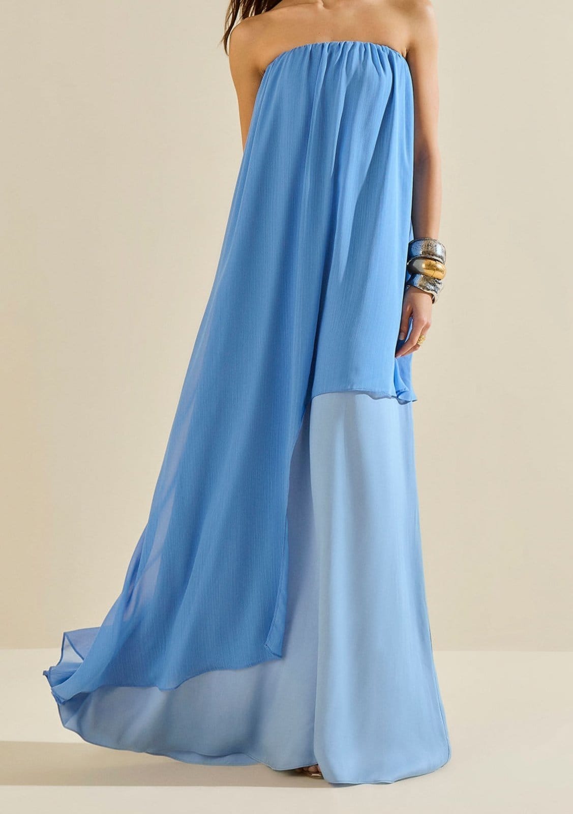 Vista 2 Vestido Morena Rosa Solto Decote Reto Sem Manga Longo Azul Morena Rosa azul rosa