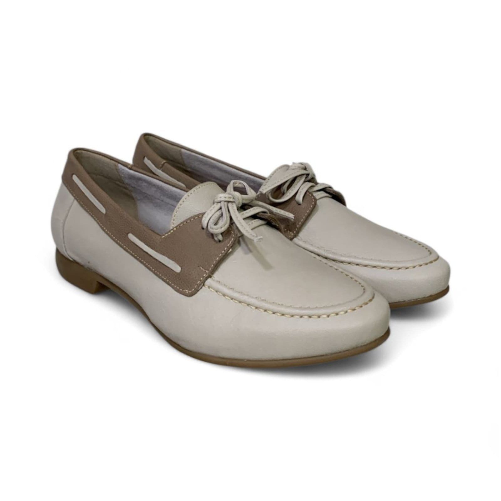 Vista 2 Mocassim Feminino Moscardini em Couro Laço 240930 Off Whithe e Caqui Moscardini marrom/off-white caqui