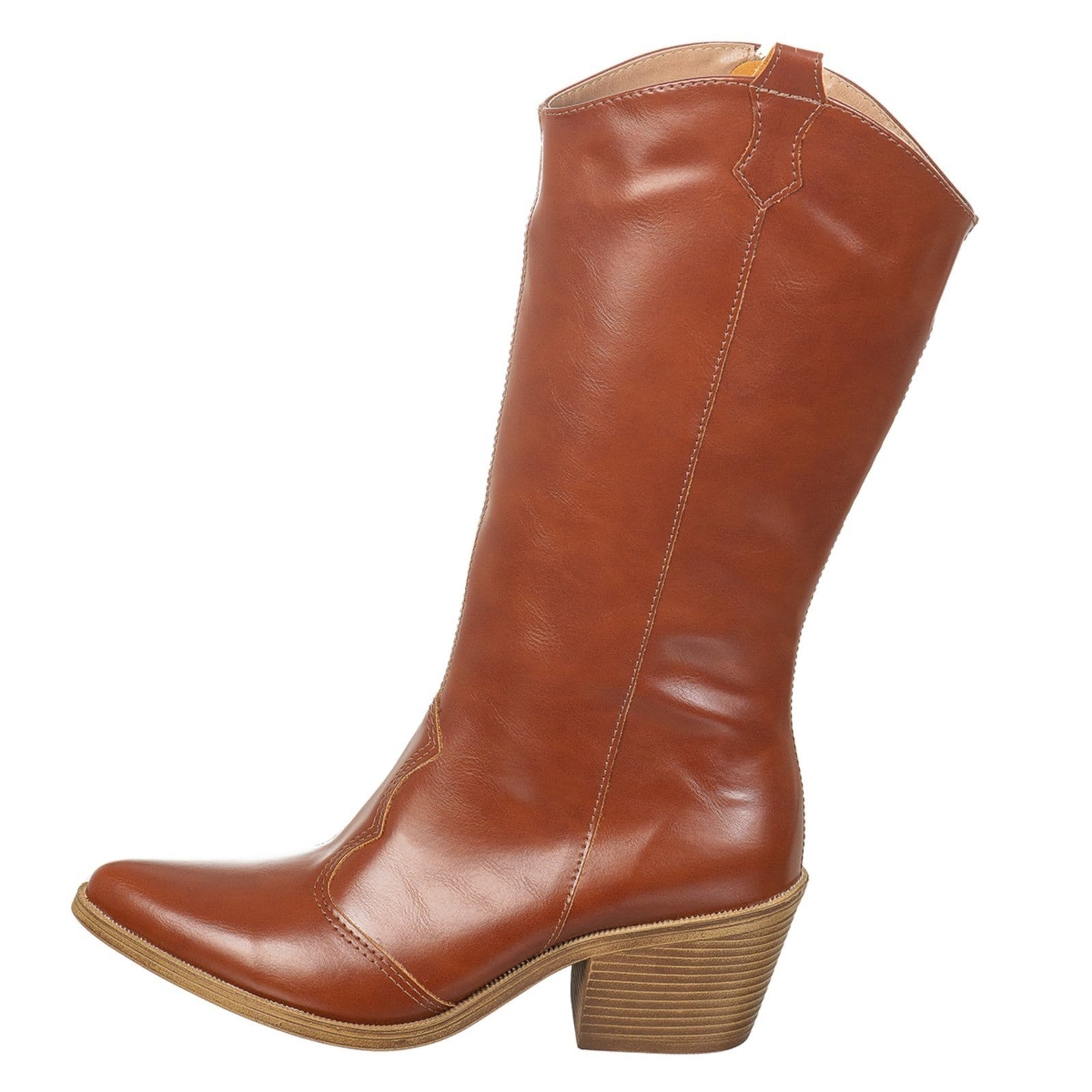 Vista 2 Bota Texana Western Country Via Birigui Cano Médio Lisa VB Calçados caramelo