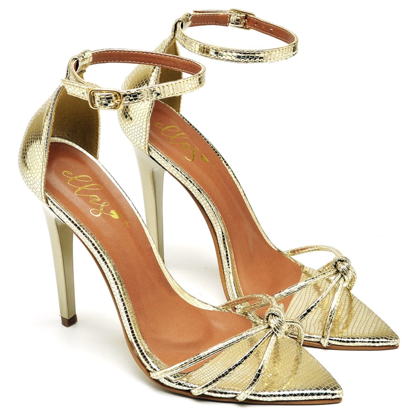 Sandália Bico Folha Salto Alto Lagarto Ella's