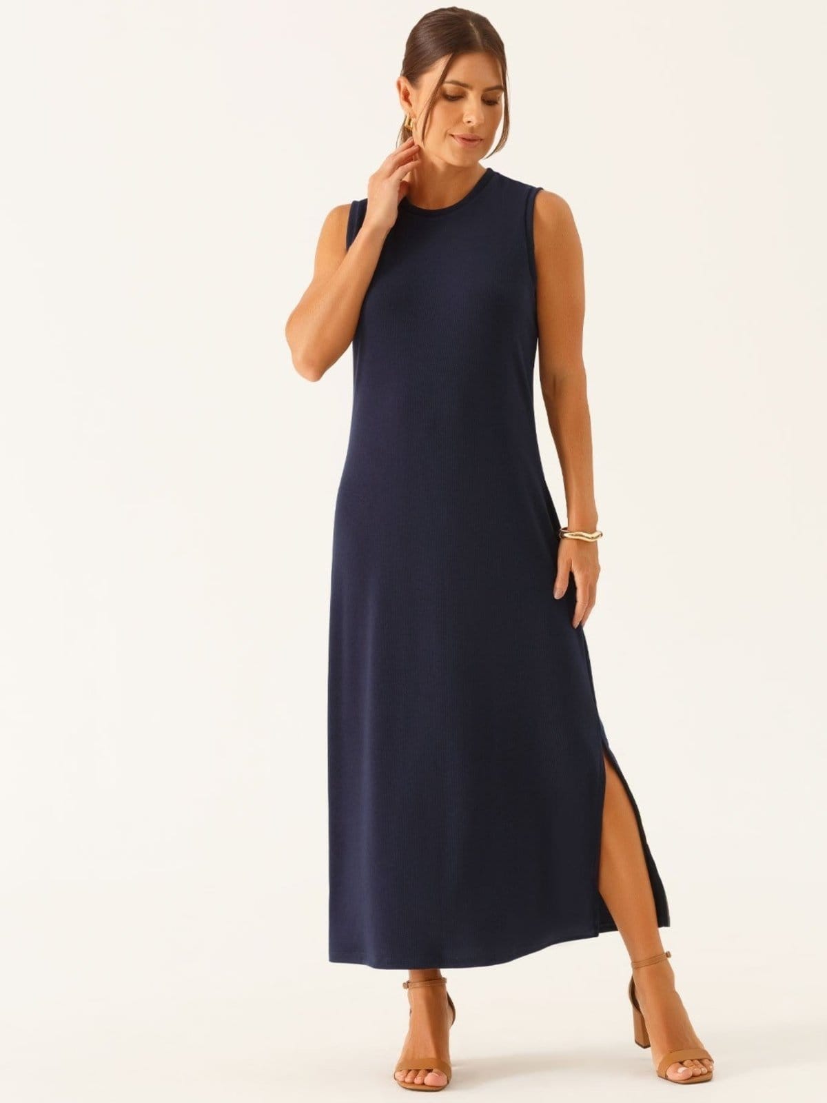 Vista 2 Vestido Sem Manga Longuete em Malha Marinho Valdirene Principessa azul marinho