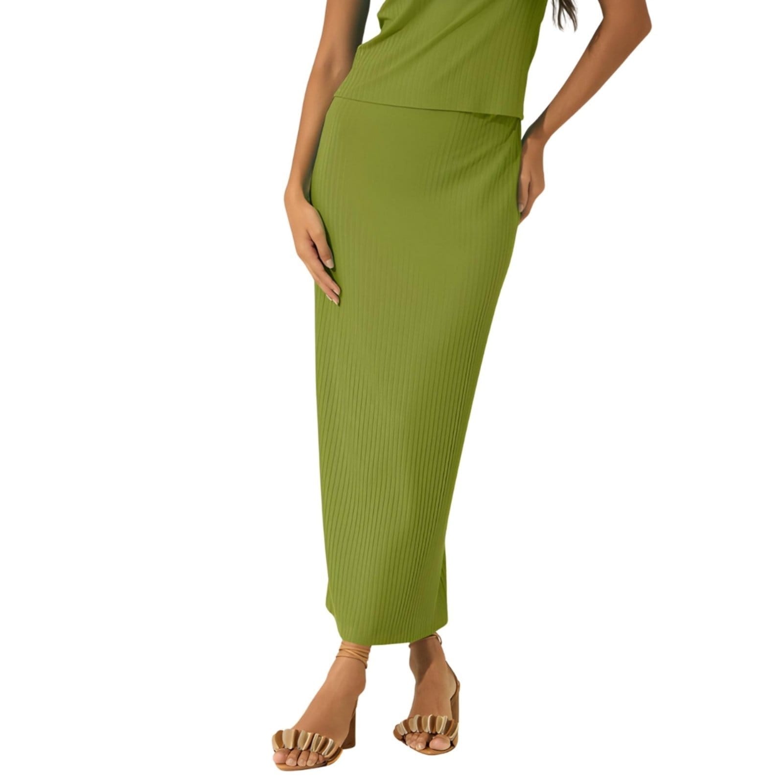 Vista 2 Saia Chá Cintura Alta Canelada Lez a Lez verde militar