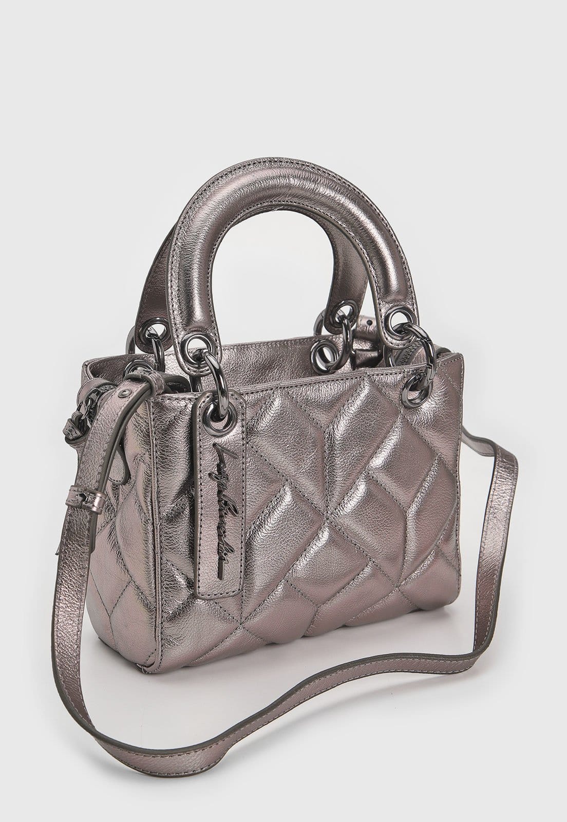 Vista 2 Bolsa Tiracolo Luiza Barcelos Alça Dupla Metalizada Grafite Luiza Barcelos cinza