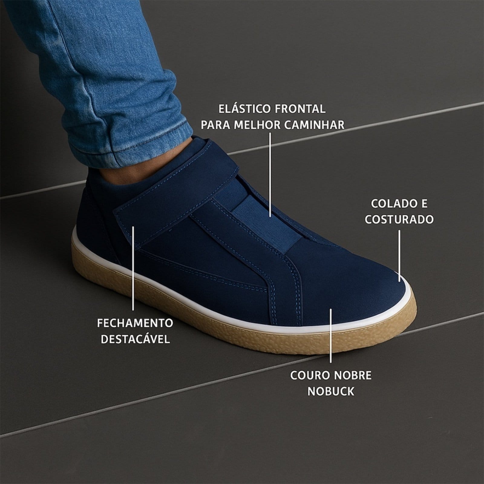 Vista 2 Tênis Masculino Cano Alto Em Couro Legítimo Sola Borracha Conforto Casual Marinho super shoes azul marinho
