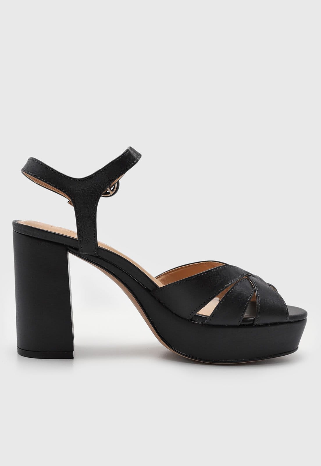 Vista 2 Sandália Feminina Luiza Barcelos em Couro Salto Bloco Tiras Cruzadas Preta Luiza Barcelos preto