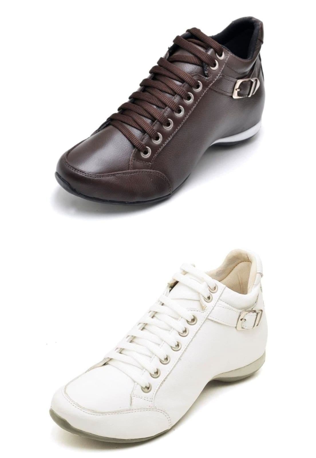 Kit 02 Botas Feminina Cano Curto Couro Esportiva Peccato DFT Kit Top Confort 2 Fivela Café/Branco Marrom/Branco