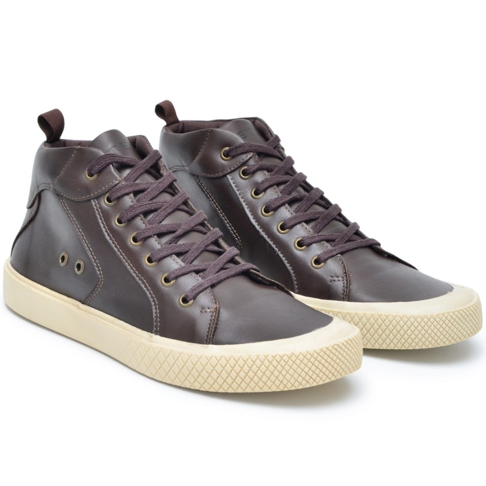 Vista principal Tênis Casual Couro Masculino Cano Alto Amarração Solado Flat Emborrachado Natural Reforçado Café super shoes café natural