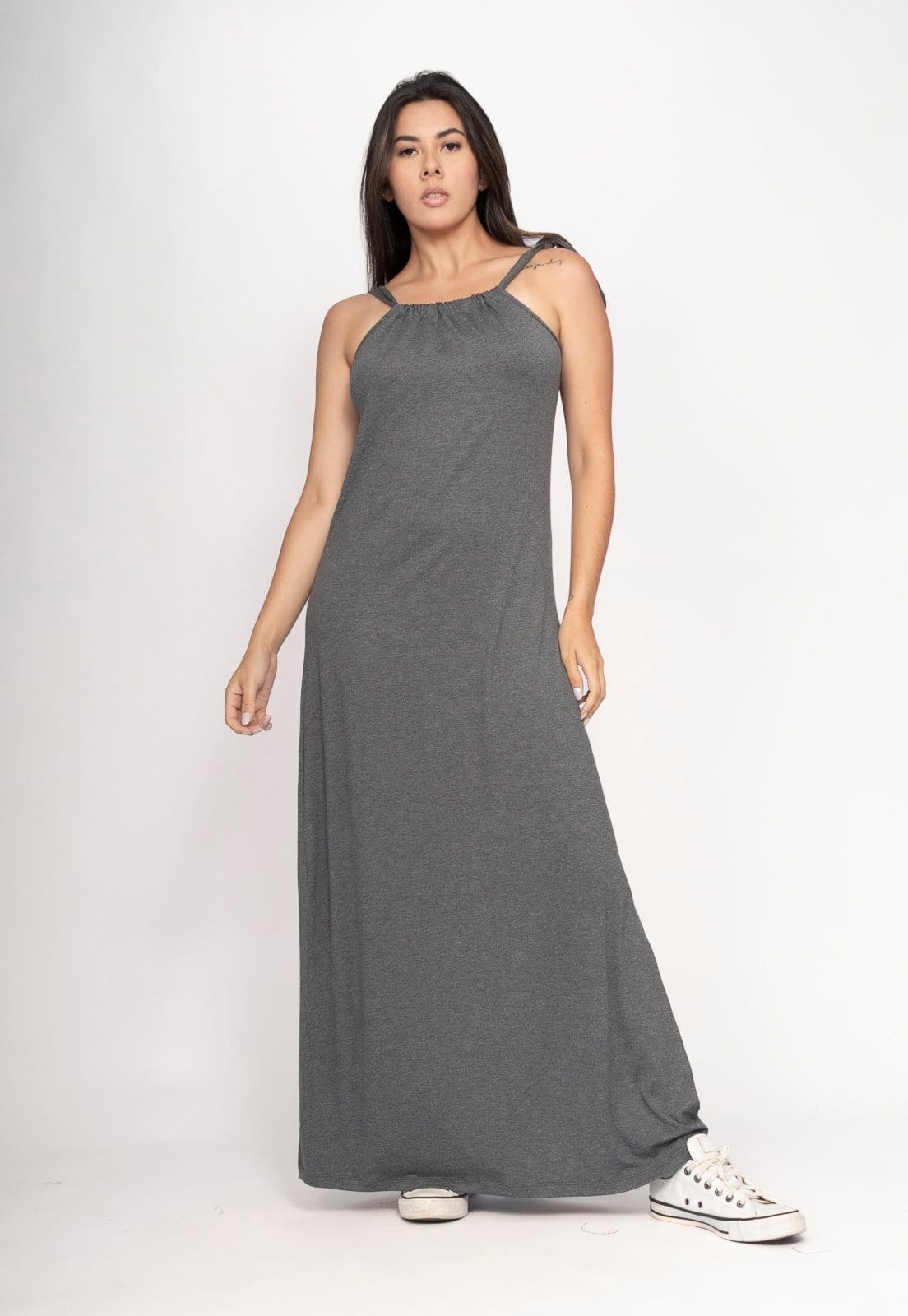 Vista 2 Vestido CabanaFree Capotira Longo Malha Alça Ajustável Mescla Cabanafree cinza