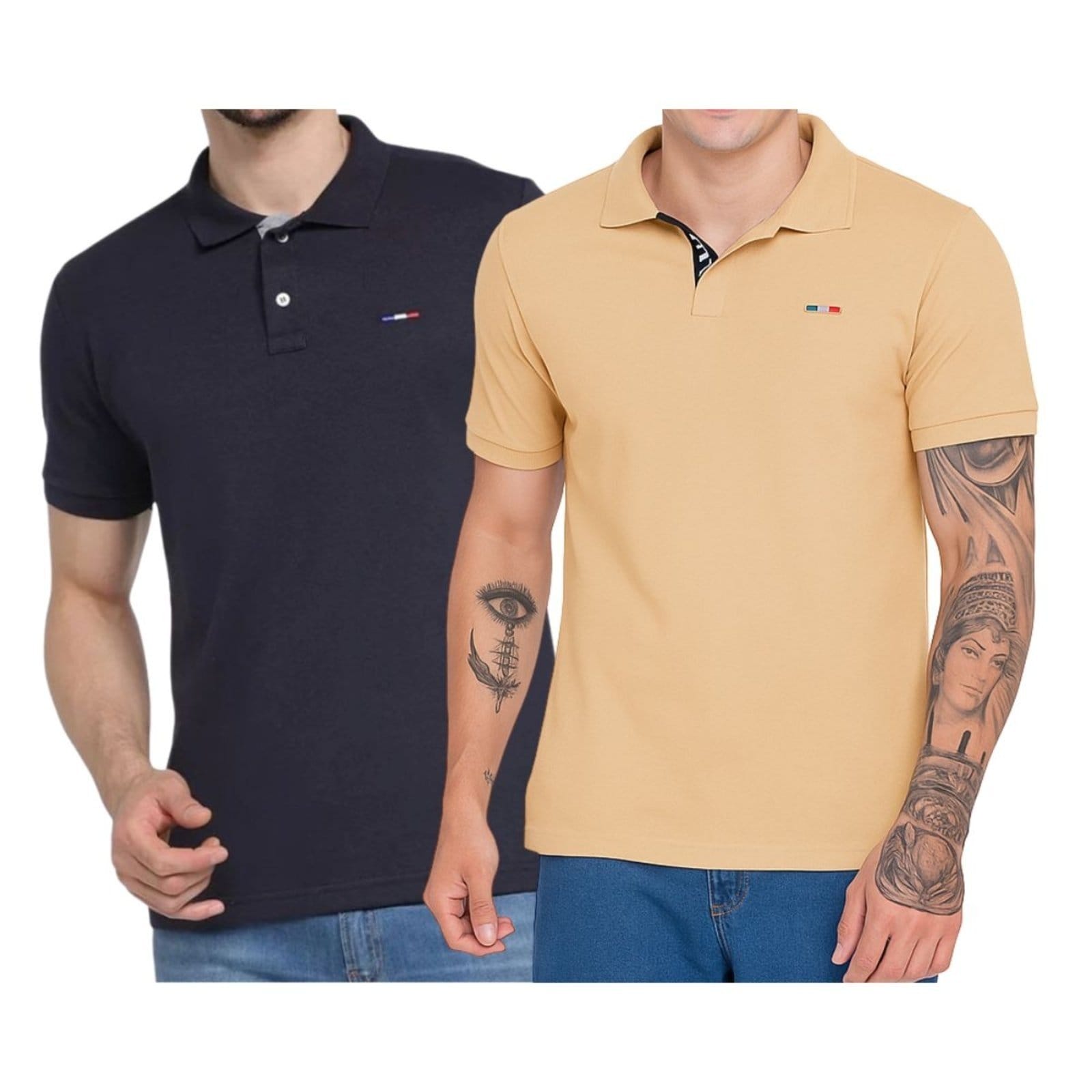 Kit 2 Polos Masculina Básicas FMF e Bege Claro Piquet no Estilo Tommy Bordado França