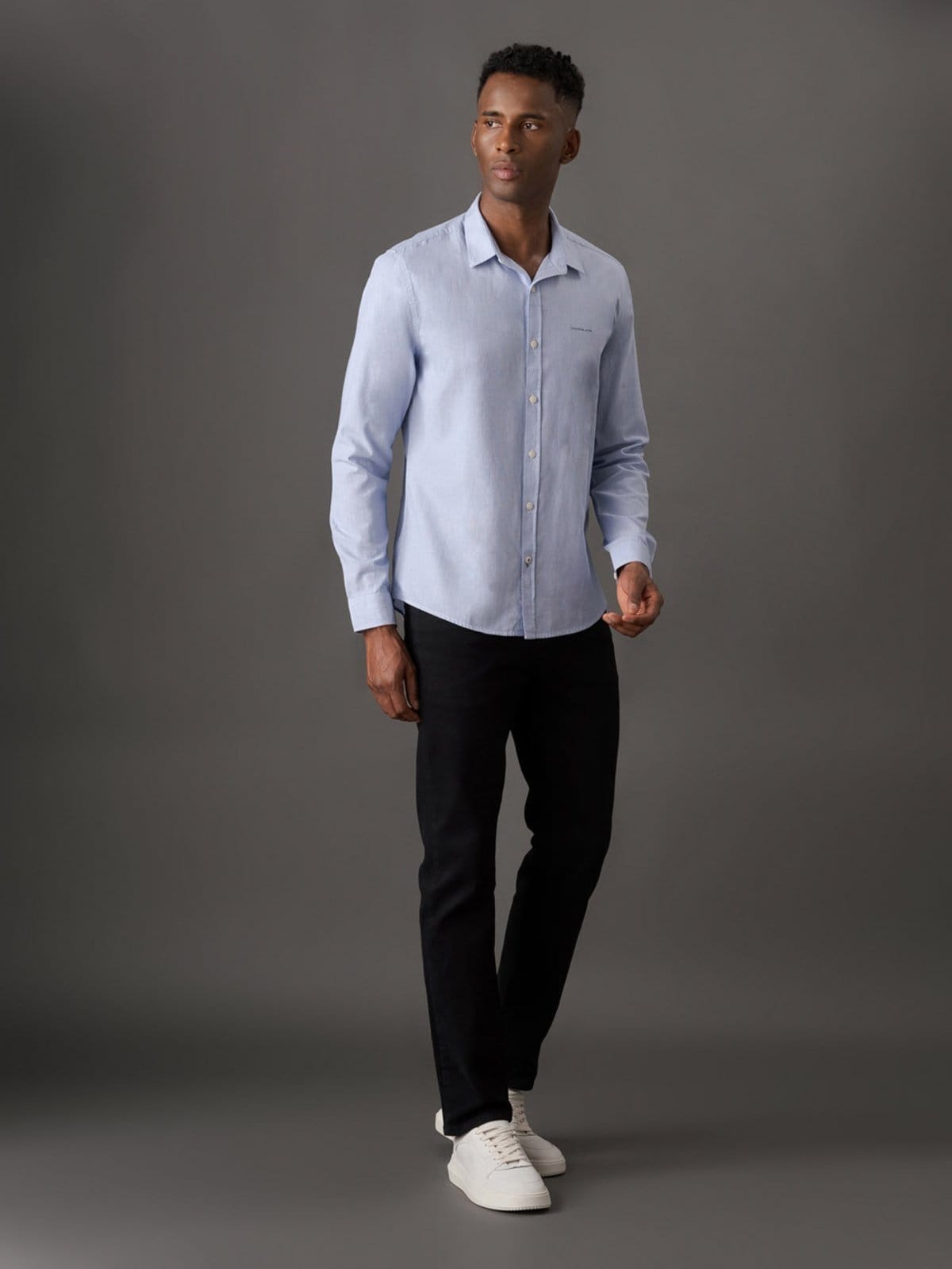 Vista 2 Camisa Manga Longa Slim Listrada Silk Logo Calvin Klein Jeans Médio Calvin Klein Jeans azul