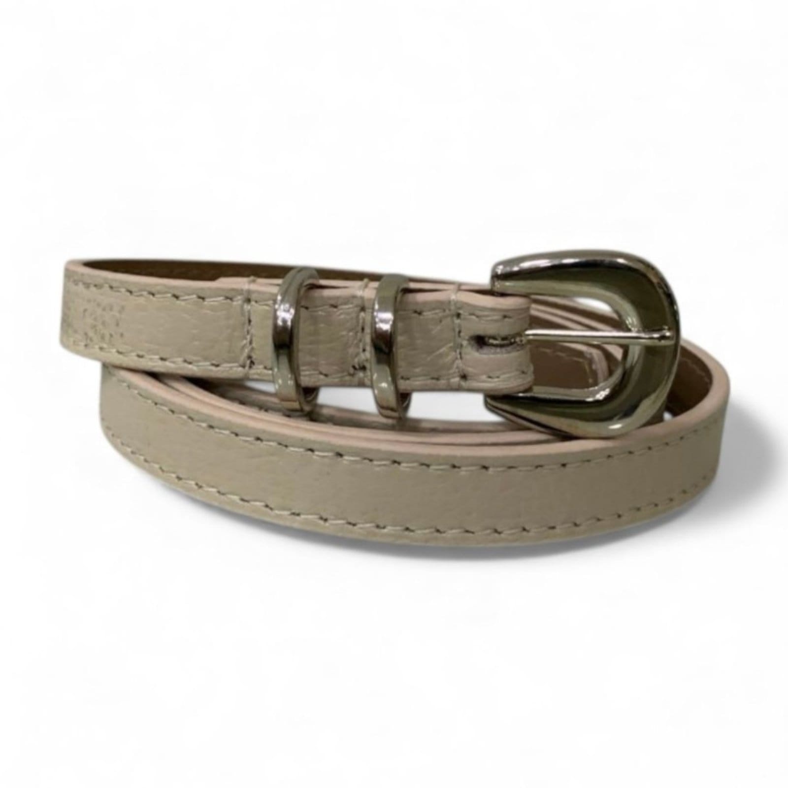 Cinto Feminino em Couro Fivela Prata Redonda 001 Off White - 2