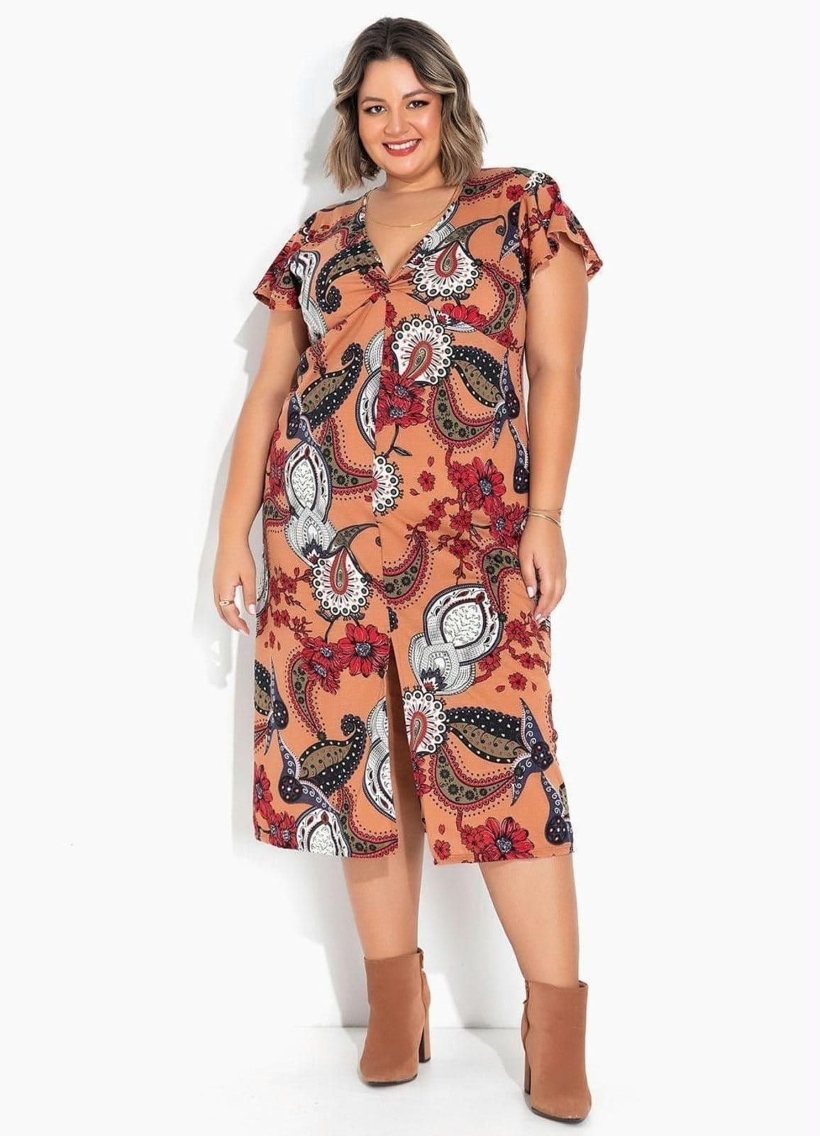 Vista principal Vestido Com Torção Plus Size Lenço Marguerite marrom
