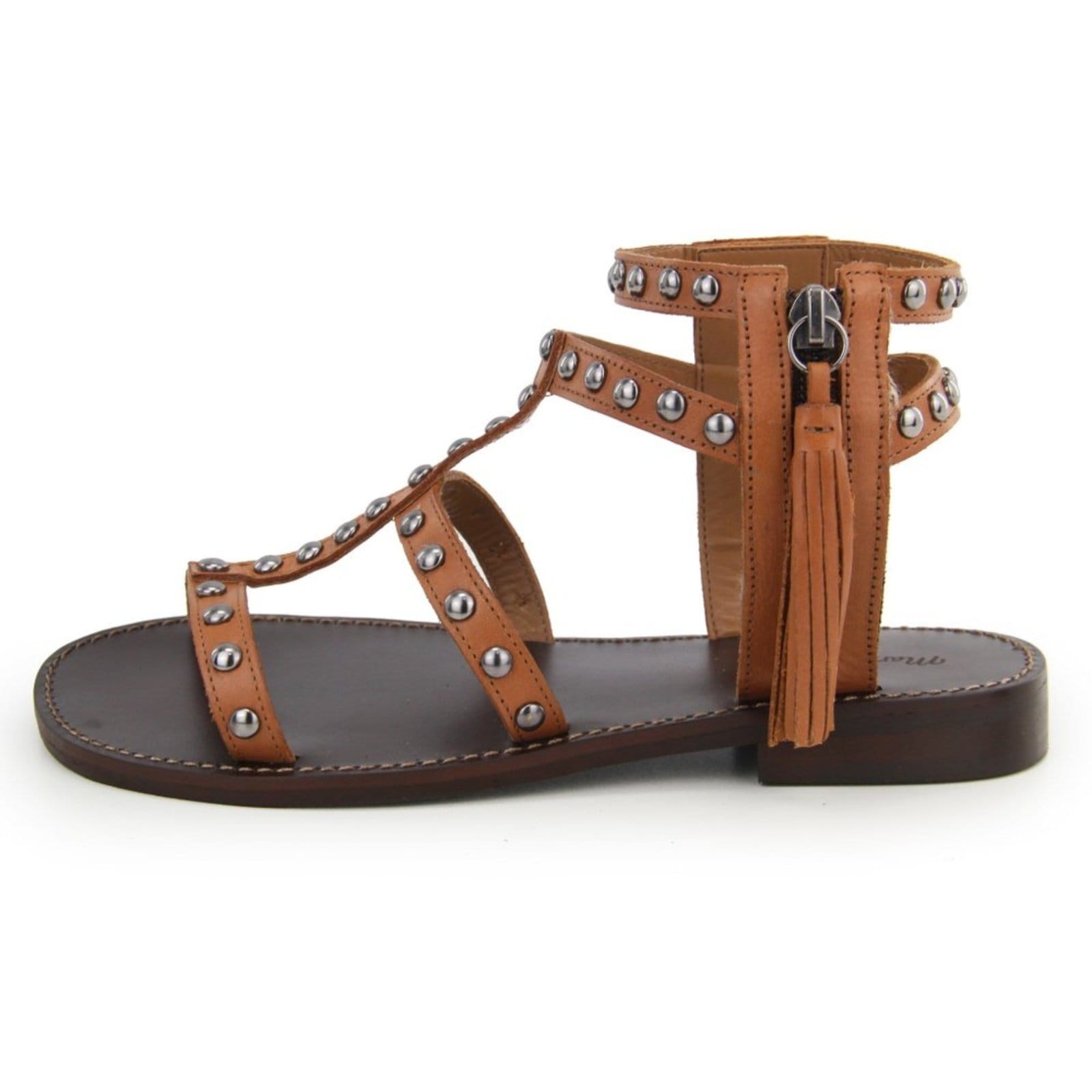 Sandália Rasteira Tachas Feminina em Couro Maria Paula Camel