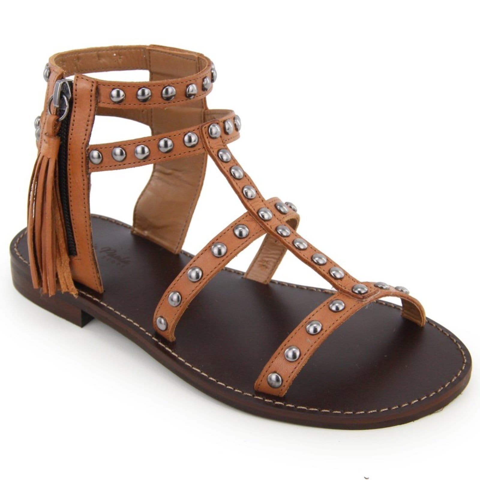 Vista 2 Sandália Rasteira Tachas Feminina em Couro Maria Paula Camel MARIA PAULA caramelo