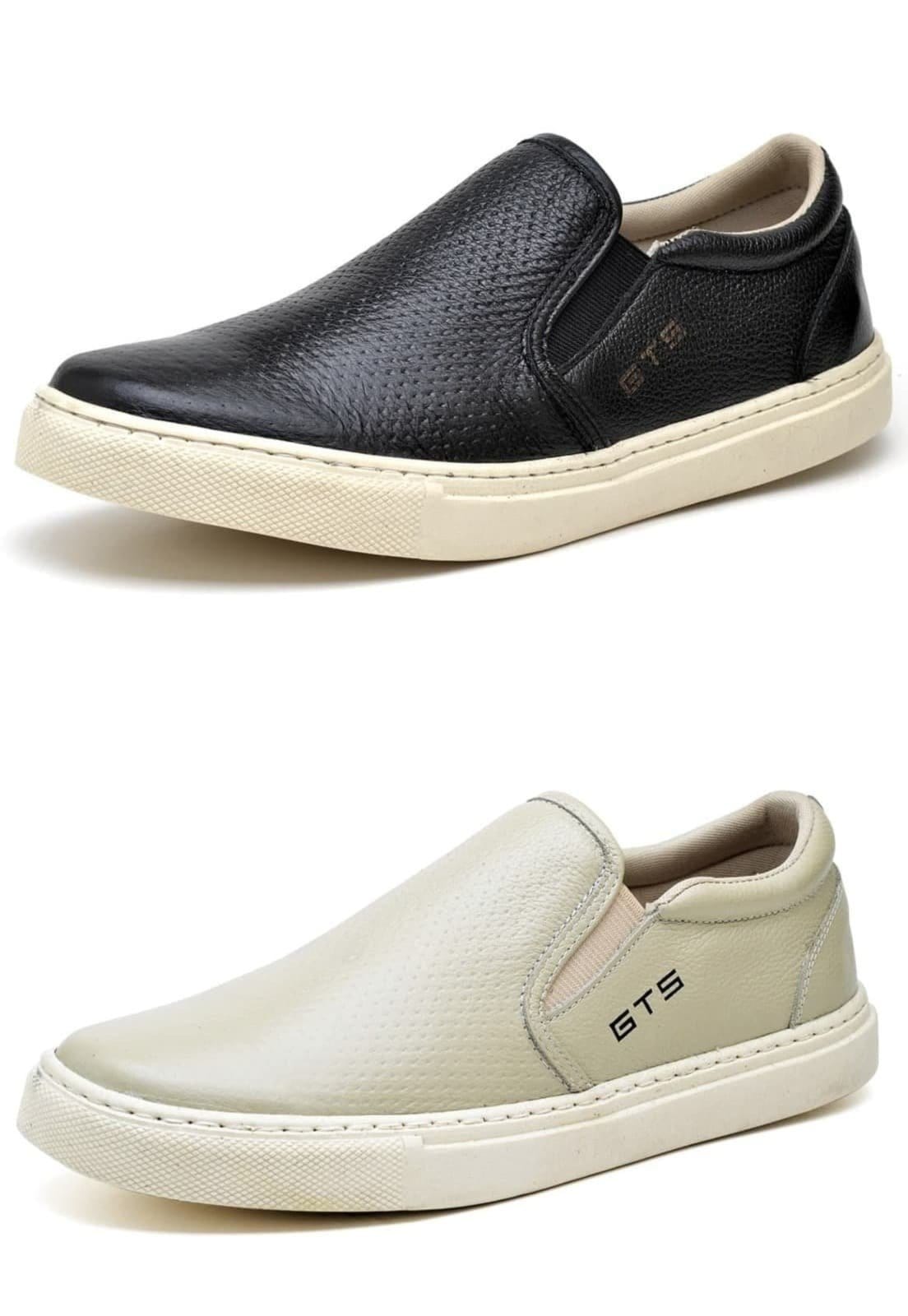 Kit 02 Pares de Tenis Slip On sem Cadarço de Couro CSF Franca DFT Kit Maritimo Preto/Bege