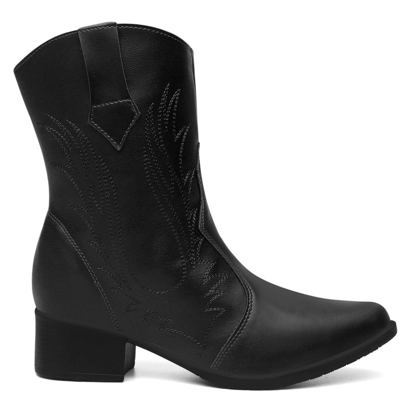Bota Texana Feminina Preta Bordado Western